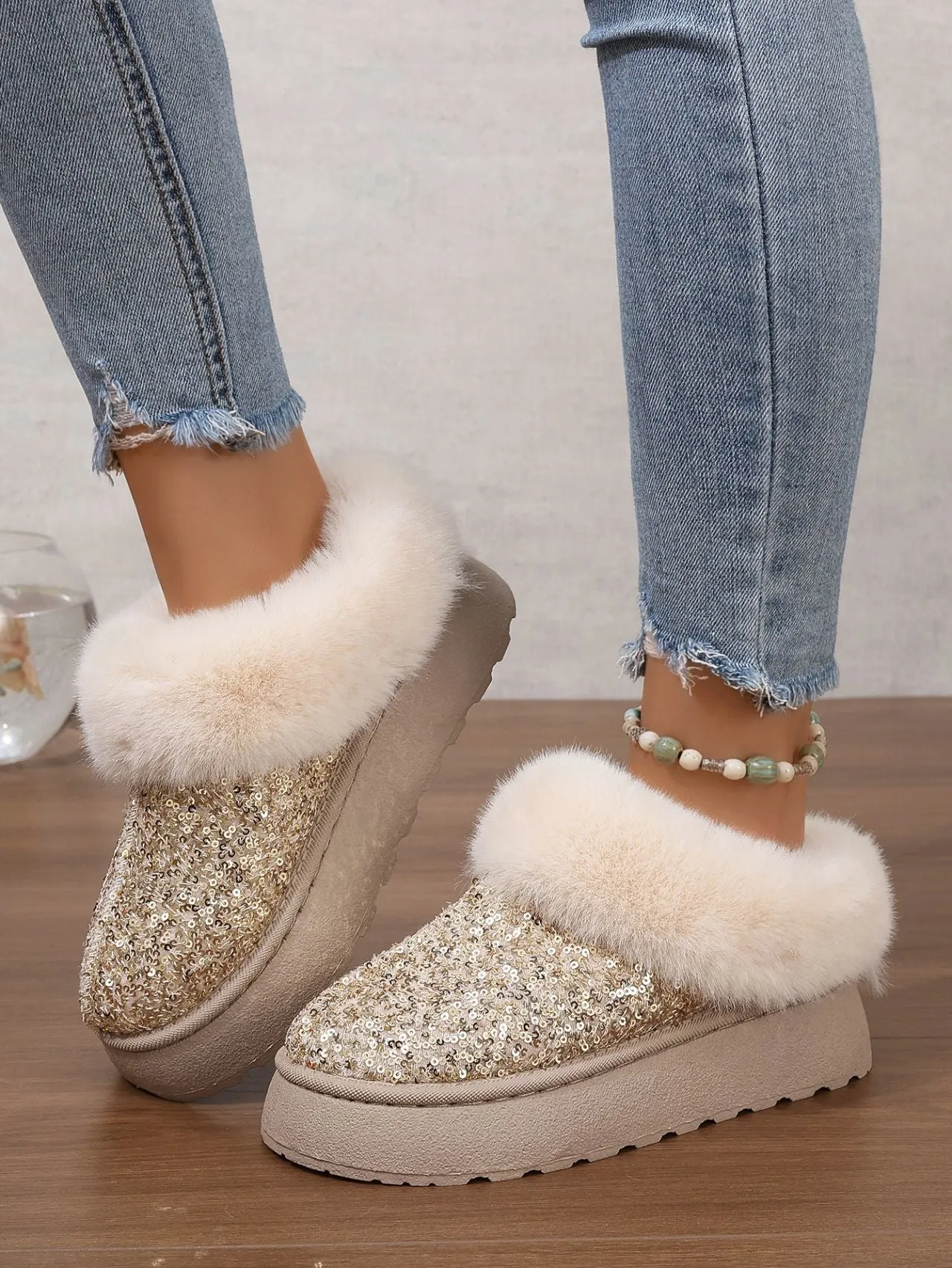 2024 Autumn Winter Plus Size Thick Sole Fur Women Snow Boots Sequin Surface Style Shoes