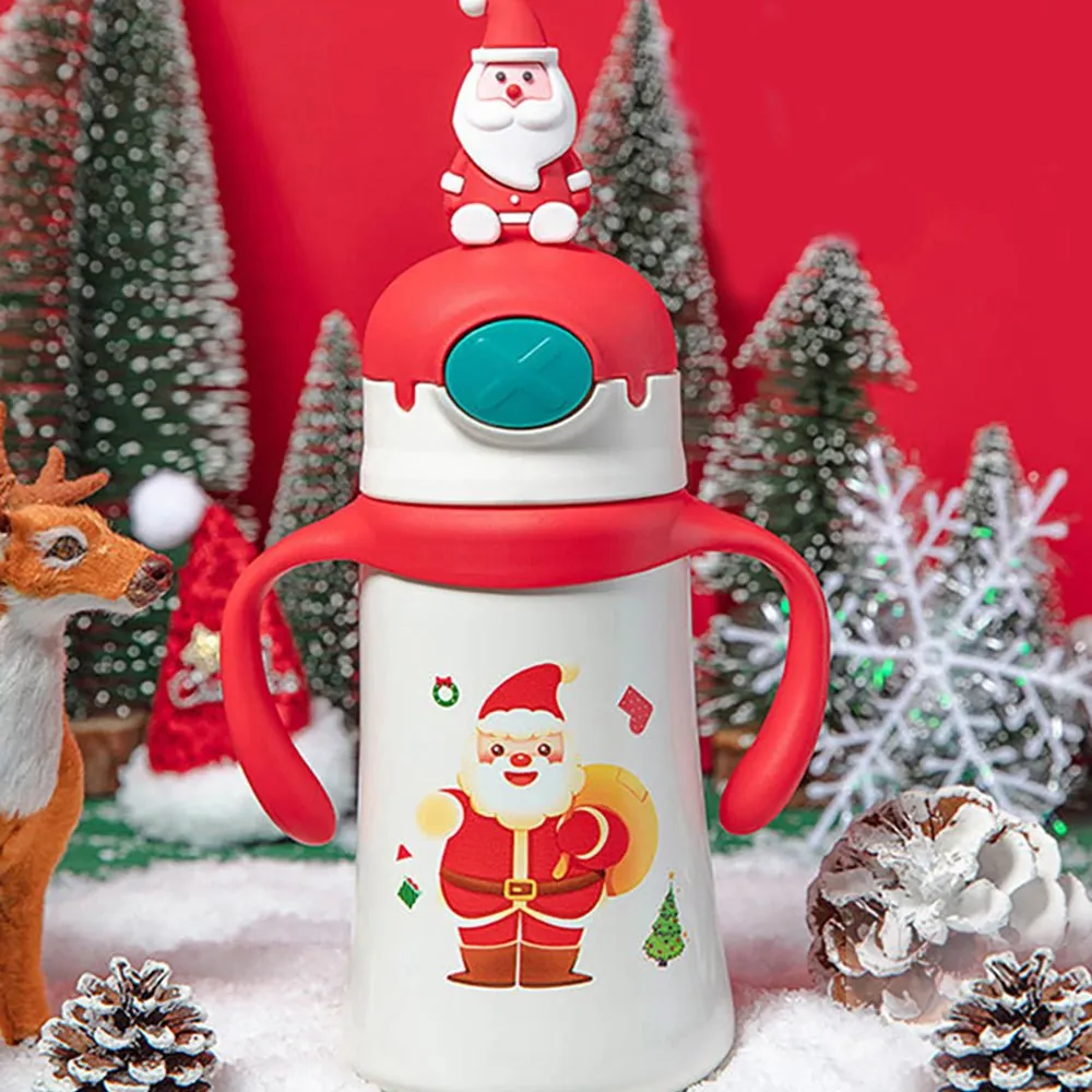 3d Santa Head Christmas Theme Stainless Steel Water Bottle with handle for Infants and Toddlers, White ,360ml