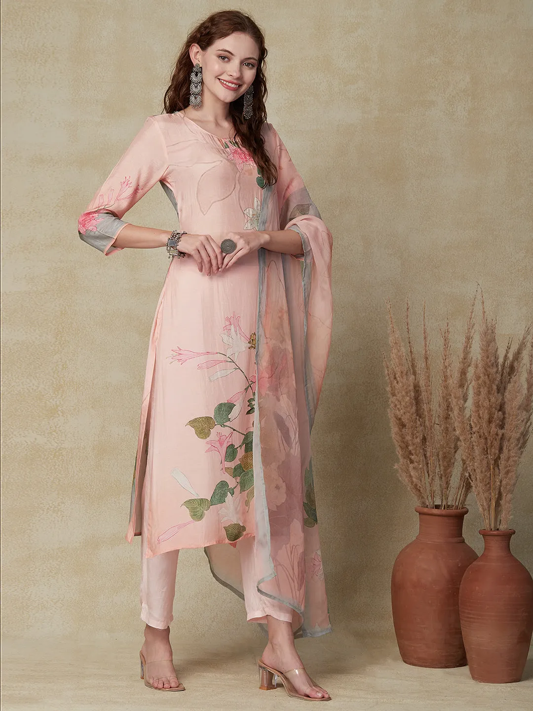 Abstract Floral Printed & Embroidered Kurta with Pant & Dupatta - Peach