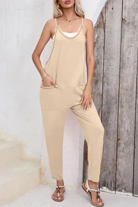 Apricot Side Pockets Harem Pants Sleeveless V Neck Jumpsuit