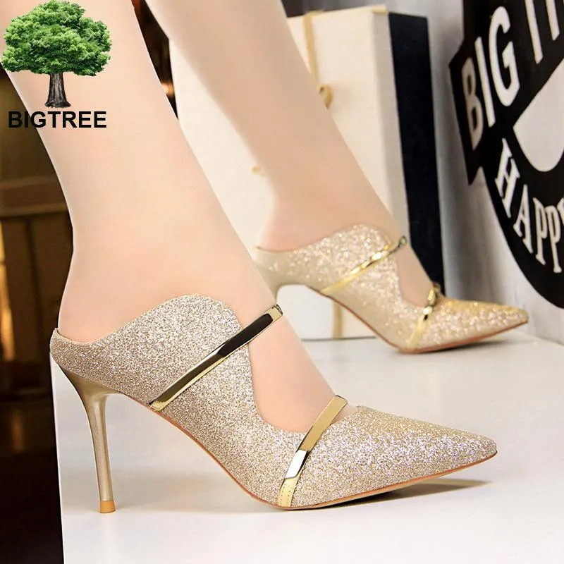 Bigtree Shoes Sexy Women Heels 2022 New Sequin Cloth Woman Pumps High Heels Party Shoes Women Sandals Slippers Stiletto 9 Cm