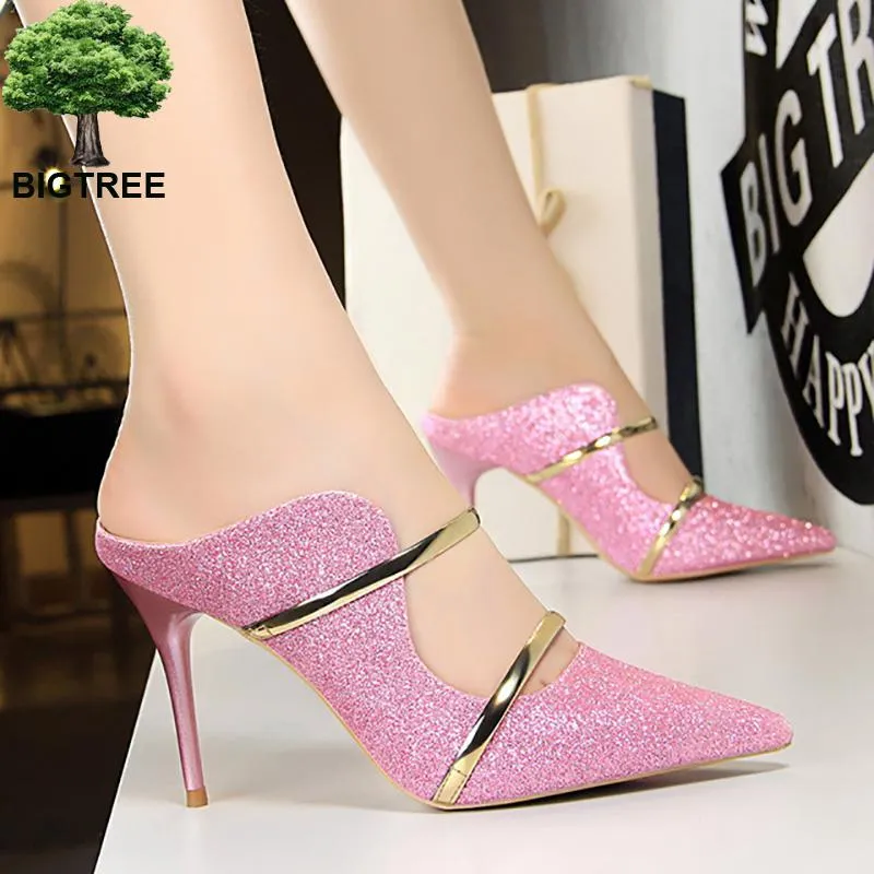 Bigtree Shoes Sexy Women Heels 2022 New Sequin Cloth Woman Pumps High Heels Party Shoes Women Sandals Slippers Stiletto 9 Cm