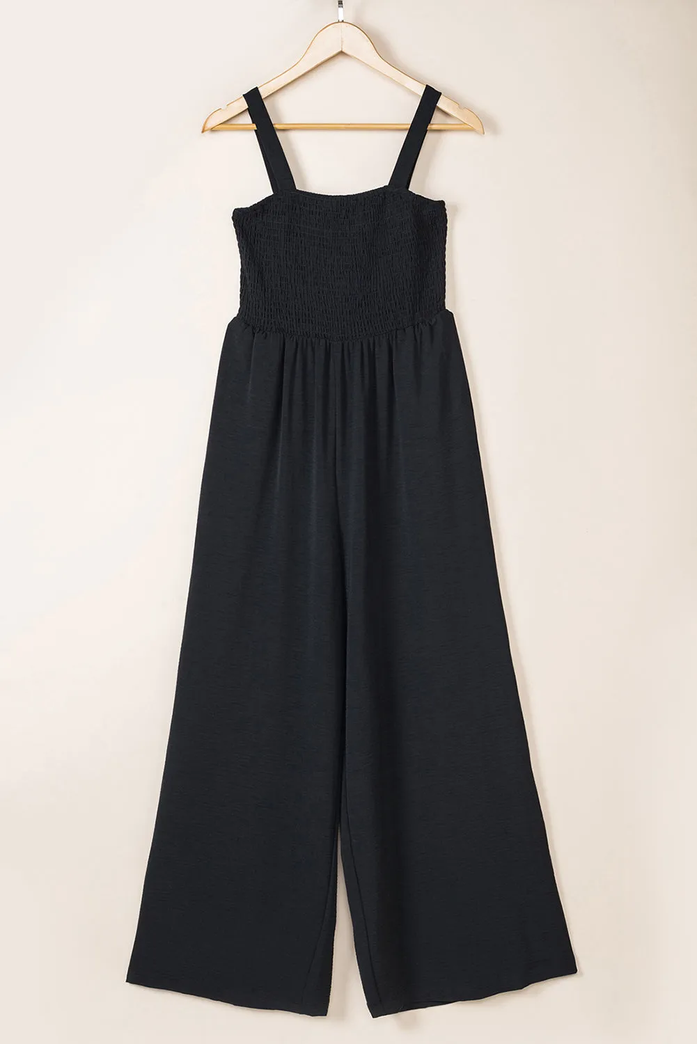 Black Smocked Sleeveless Wide Leg Jumpsuit with Pockets