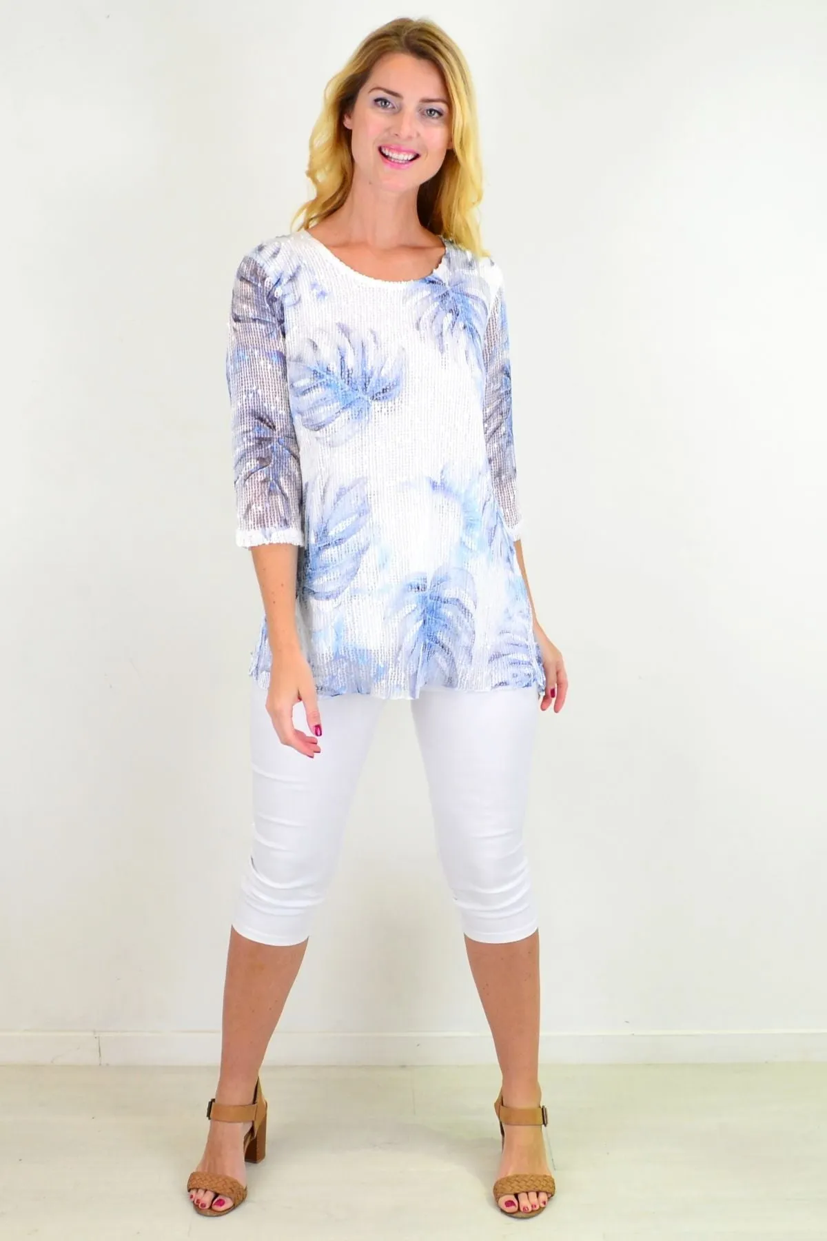 Blue Tropical Sequin Tunic Top