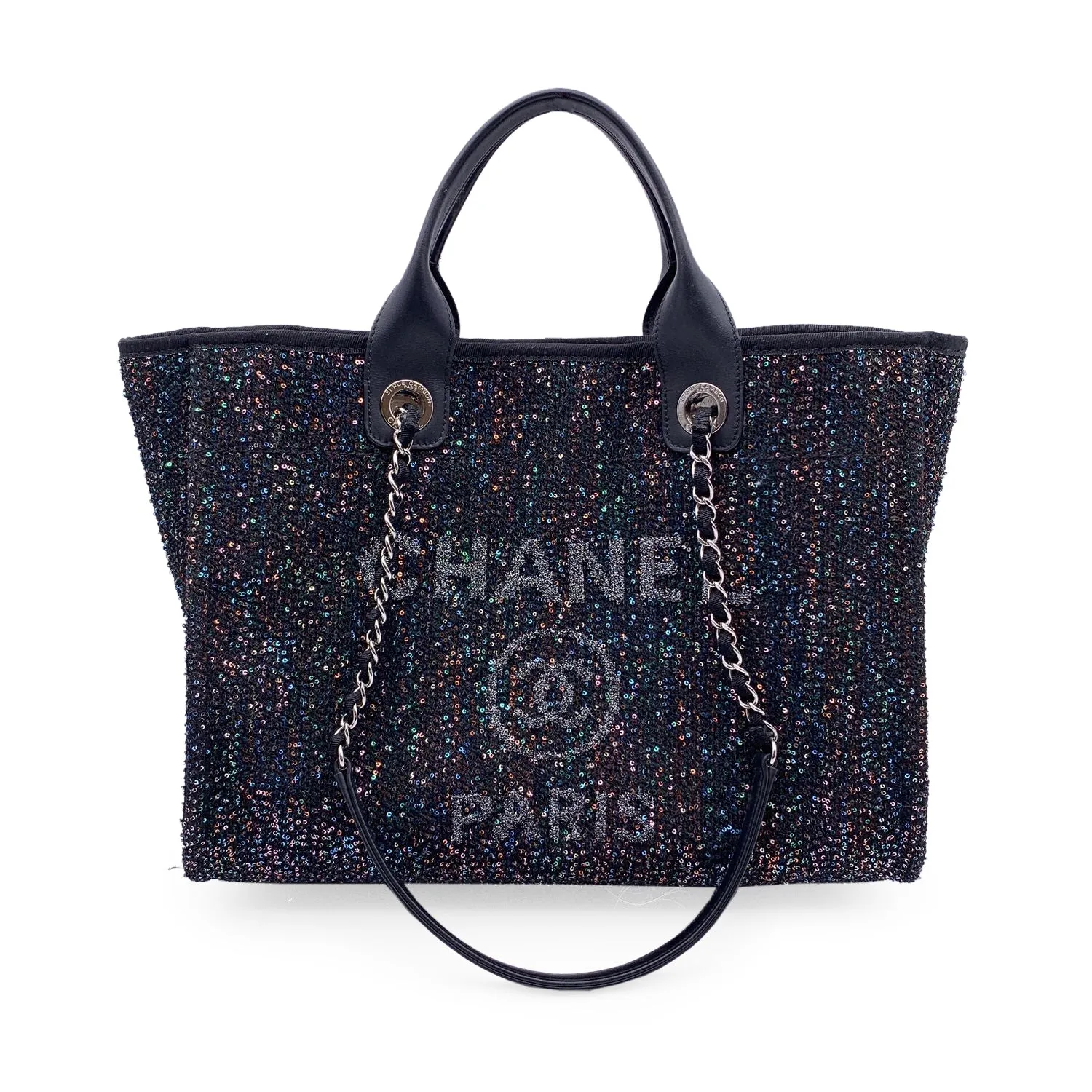 Chanel Black Sequin Sparkle Canvas Medium Deauville Tote Bag