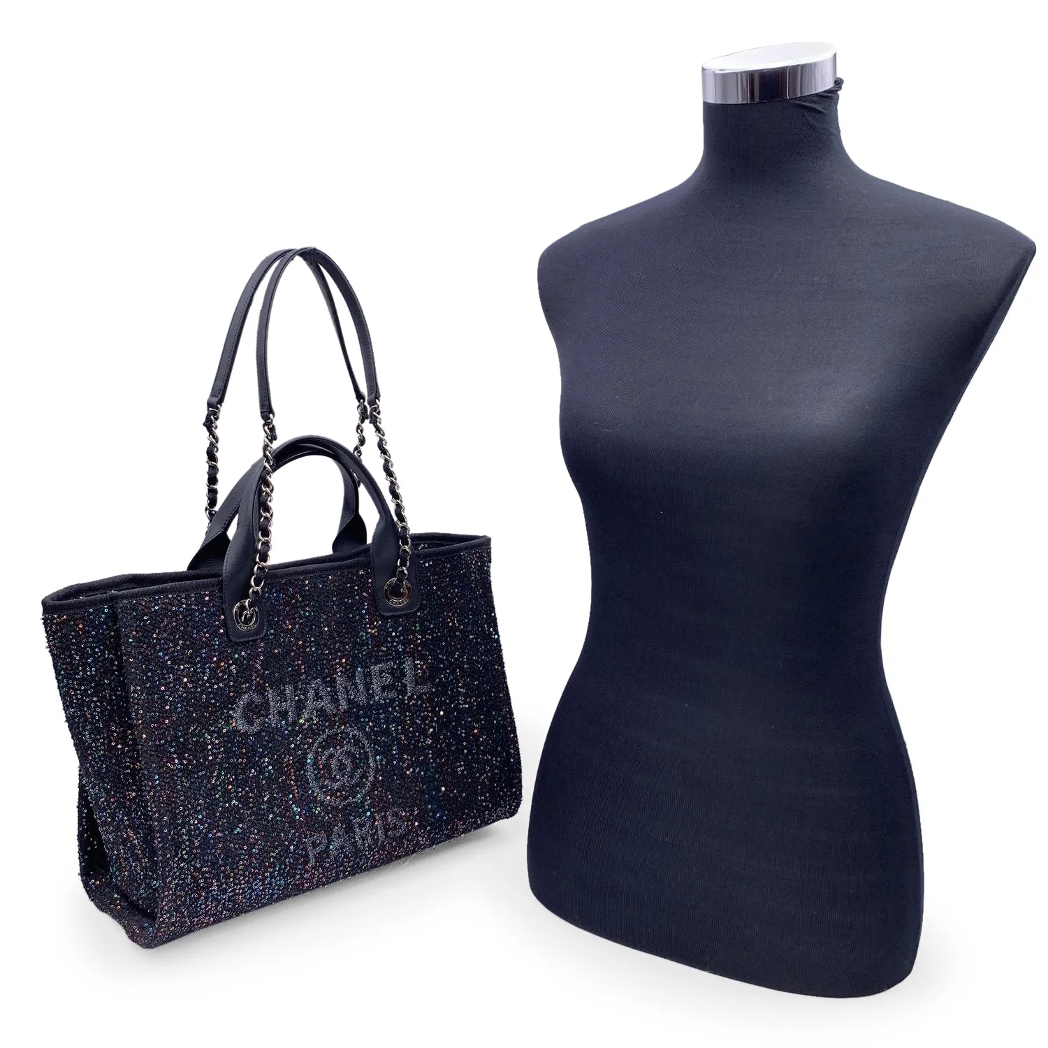 Chanel Black Sequin Sparkle Canvas Medium Deauville Tote Bag