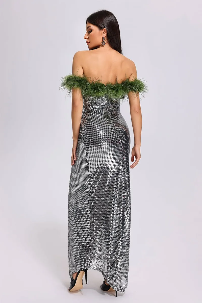 Dolly Feather Trimmed Sequin Maxi Dress