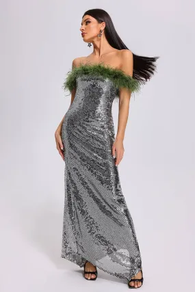 Dolly Feather Trimmed Sequin Maxi Dress