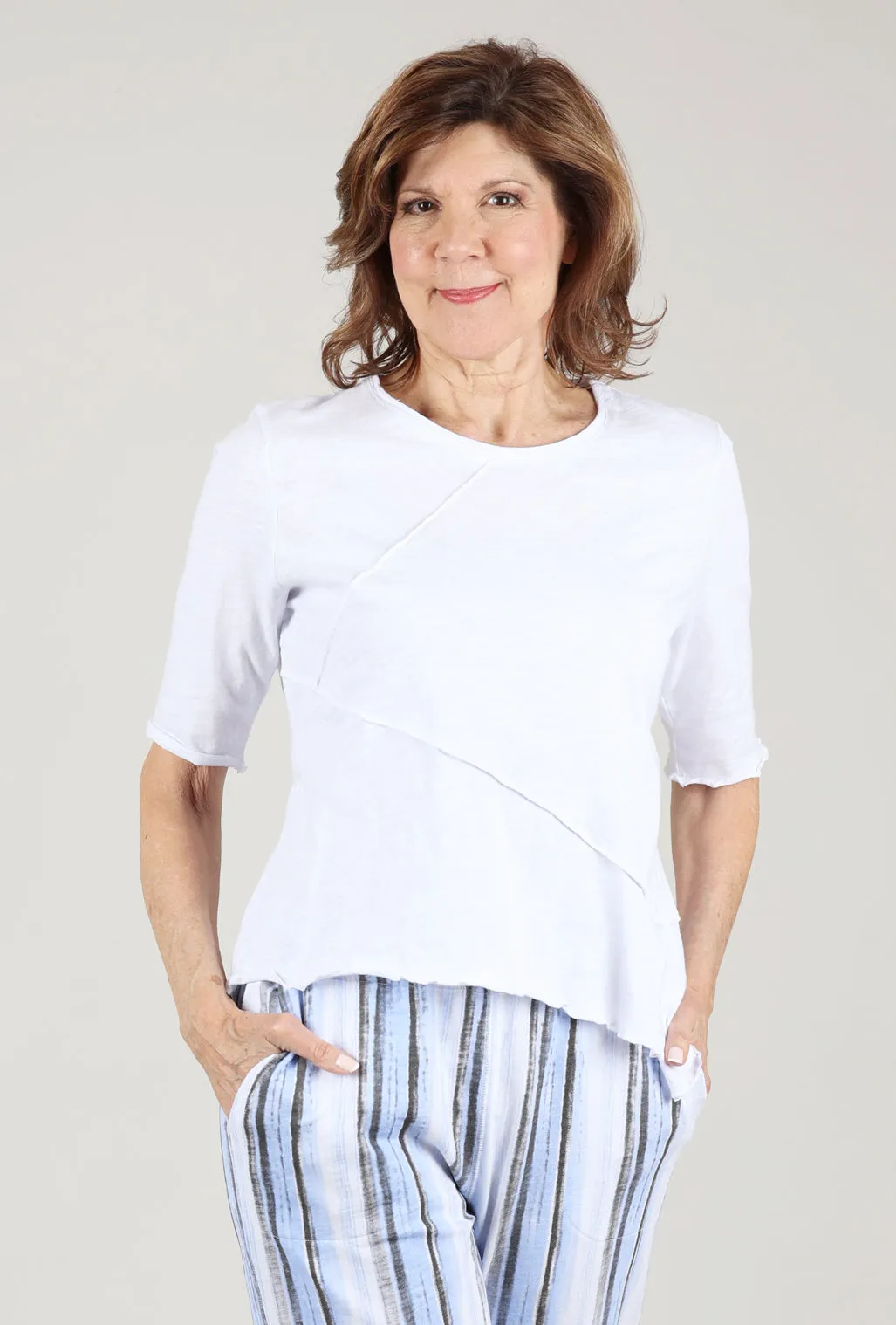 Elbow-Sleeve Pieced Top, White