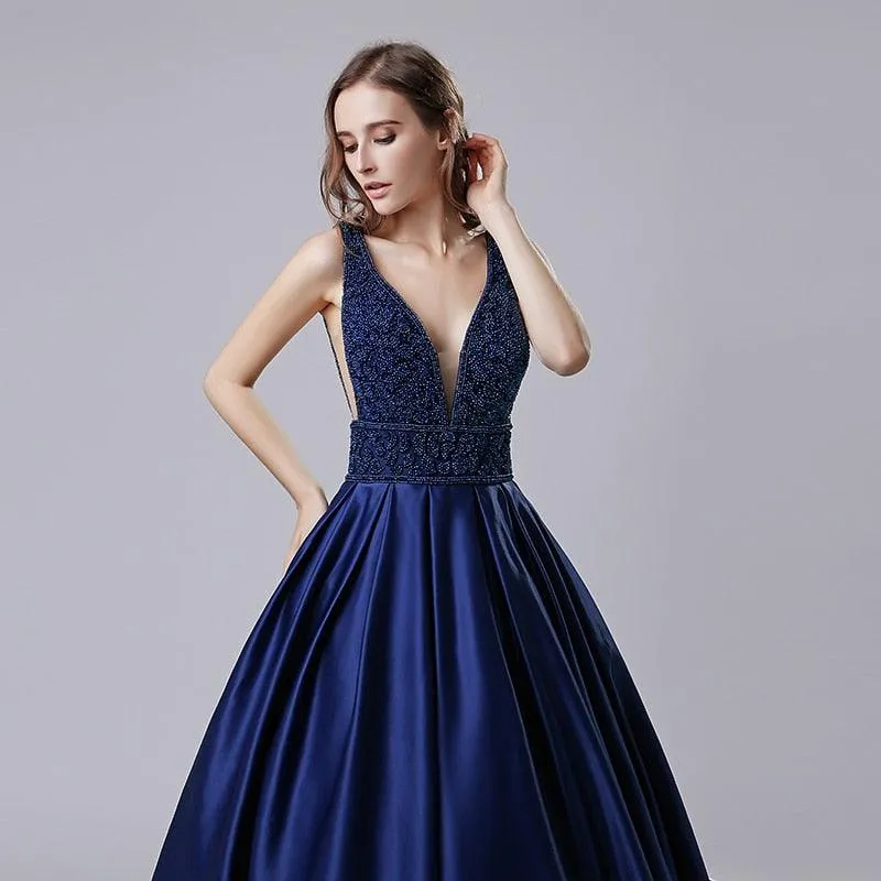 Elegant Deep V Neck Sleeveless Beaded A Line Floor Length Sweep Train Evening Gown