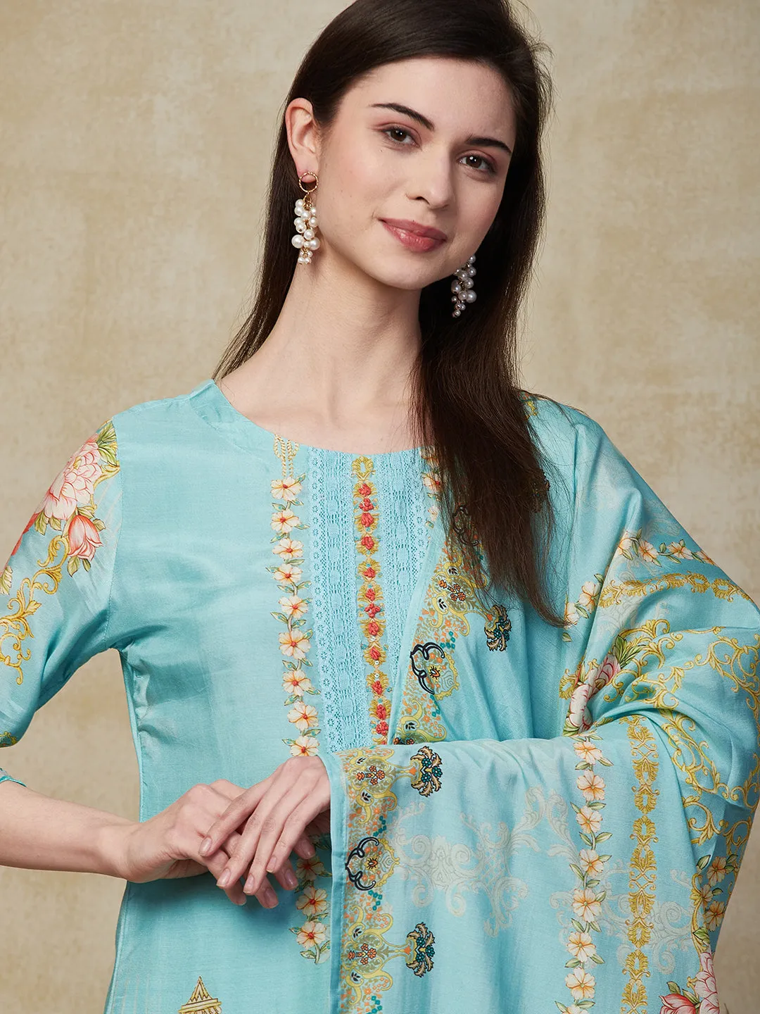 Ethnic Floral Printed Straight Fit Kurta with Pant & Dupatta - Turquoise Blue