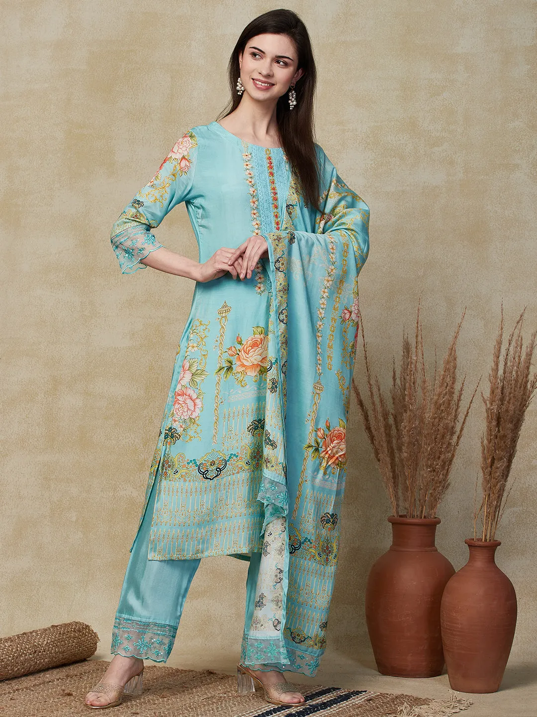 Ethnic Floral Printed Straight Fit Kurta with Pant & Dupatta - Turquoise Blue