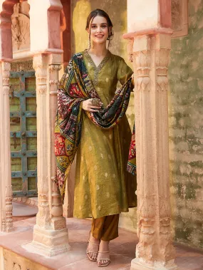 Ethnic Foil Printed & Embroidered A-Line Kurta with Pant & Dupatta -Green