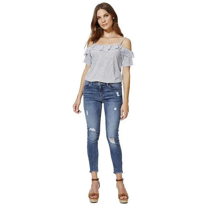 F&F-WOMEN-"Mid Wash” Distressed Frayed Hem Low Rise Skinny Jeans FF934