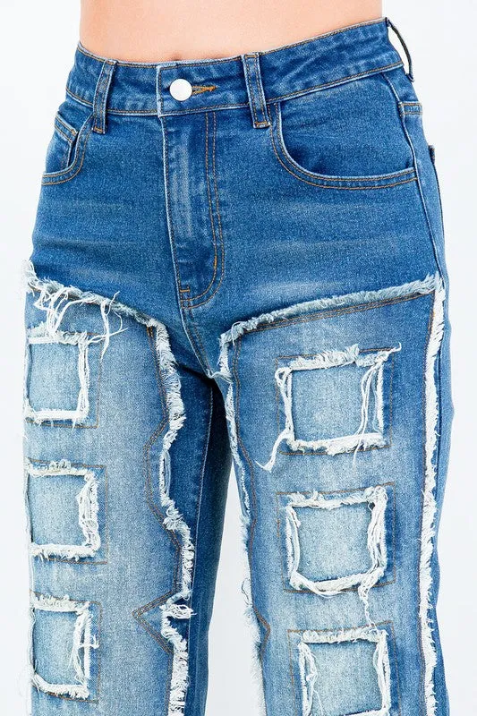 Frayed Edge Patchwork Washed Jeans