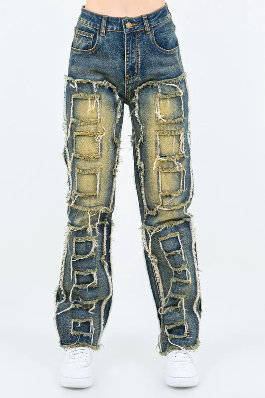 Frayed Edge Patchwork Washed Jeans