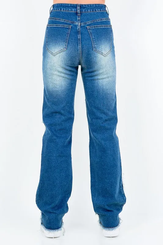 Frayed Edge Patchwork Washed Jeans