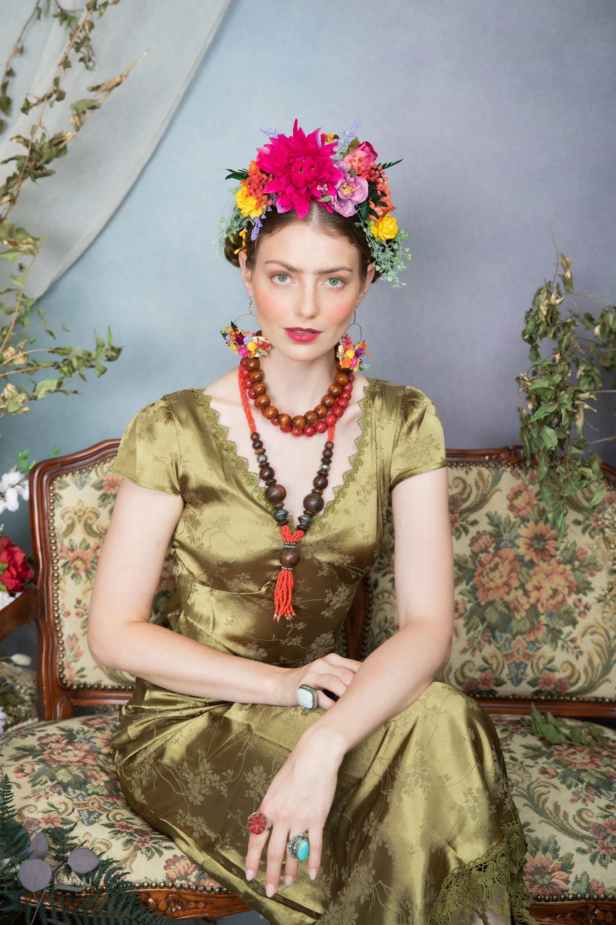 Fuchsia flower Frida Kahlo hair crown