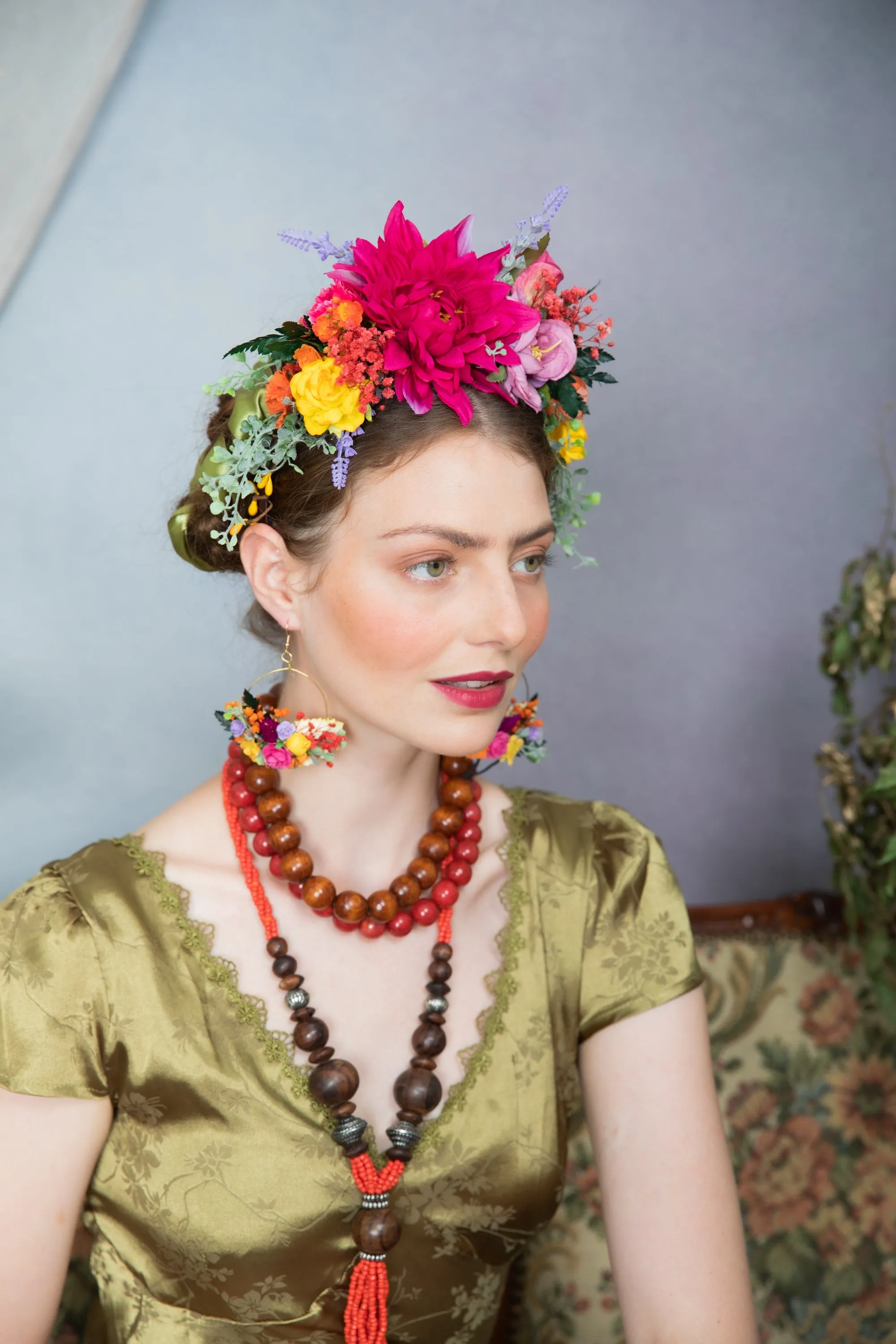 Fuchsia flower Frida Kahlo hair crown