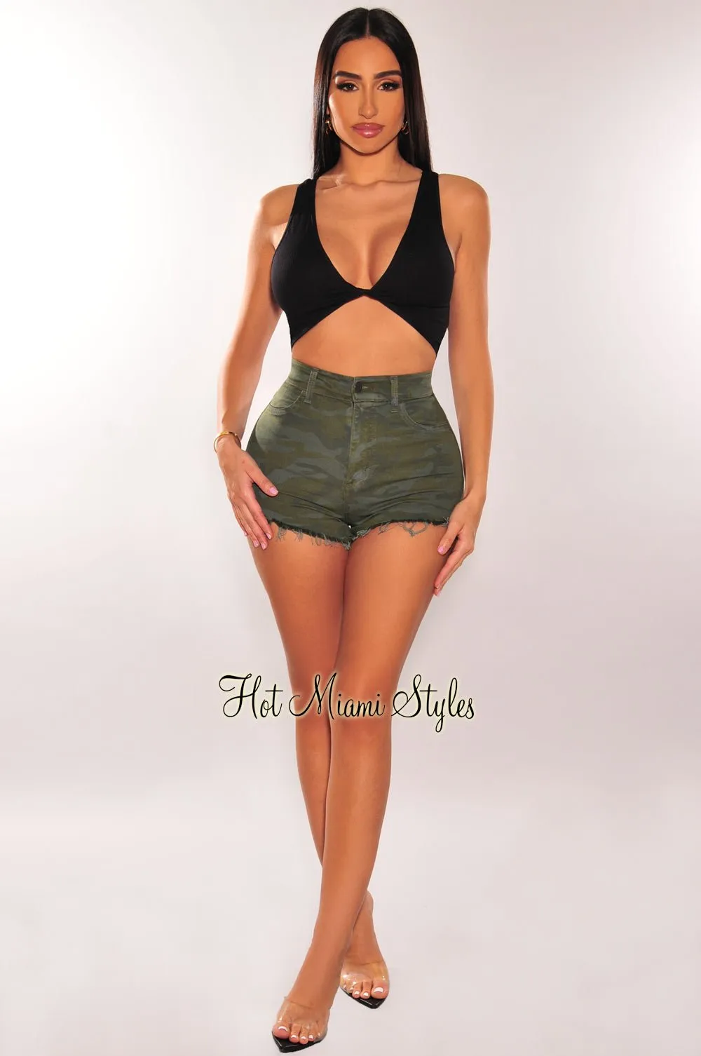 Green Camo Print High Waist Frayed Hem Shorts