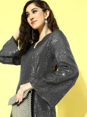 Grey Sequin Bell Sleeve Playsuit