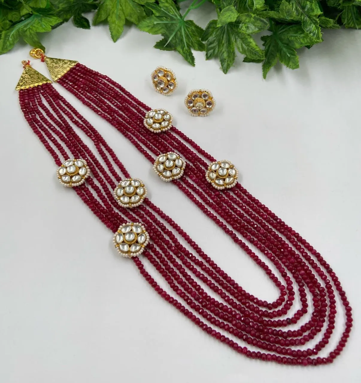 Handmade Designer Multilayered Maroon Jade Beads Necklace Set