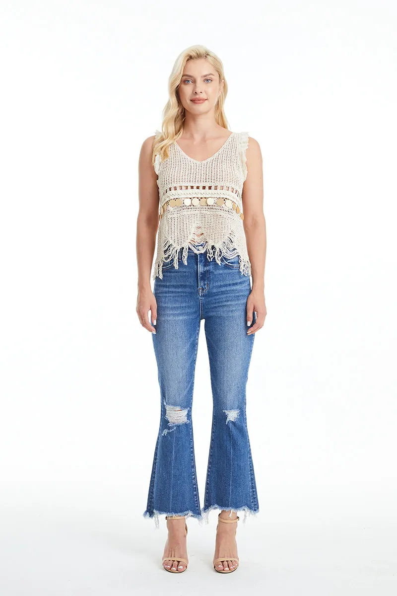 HIGH RISE FLARE JEANS WITH FRAYED HEM BYF1114 BLOVE