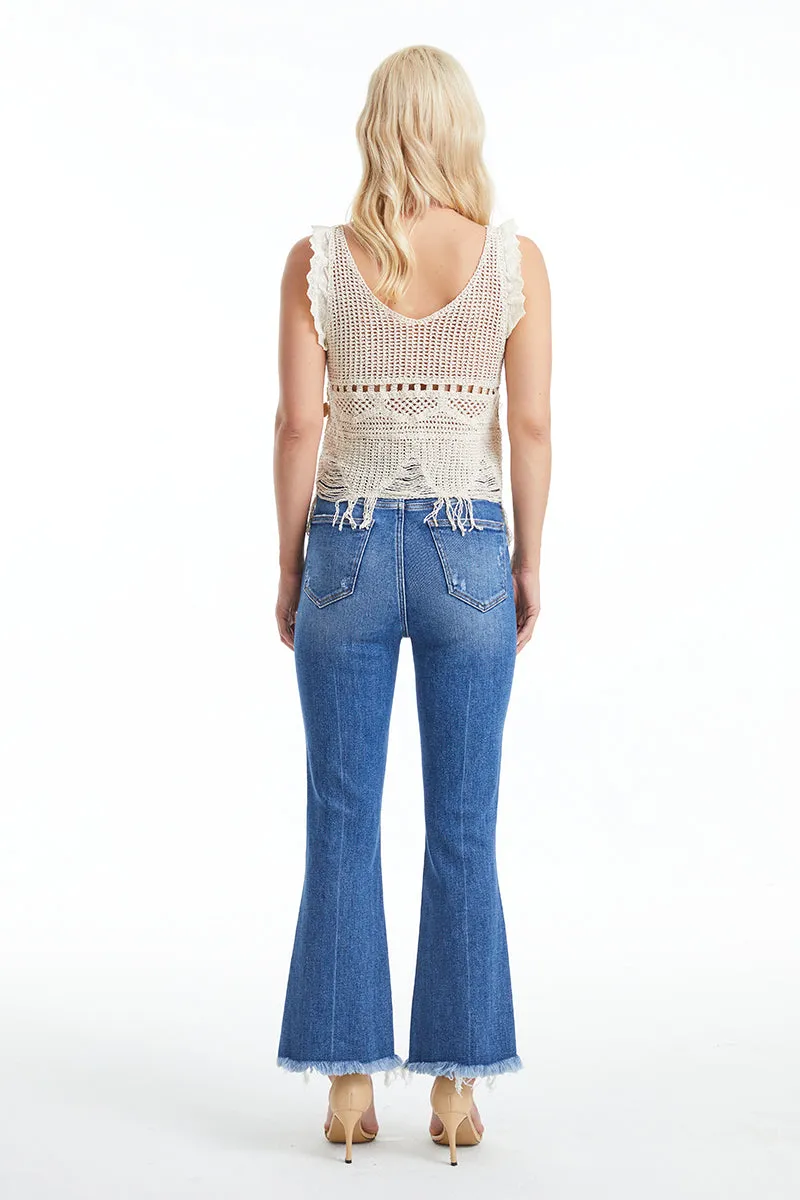 HIGH RISE FLARE JEANS WITH FRAYED HEM BYF1114 BLOVE