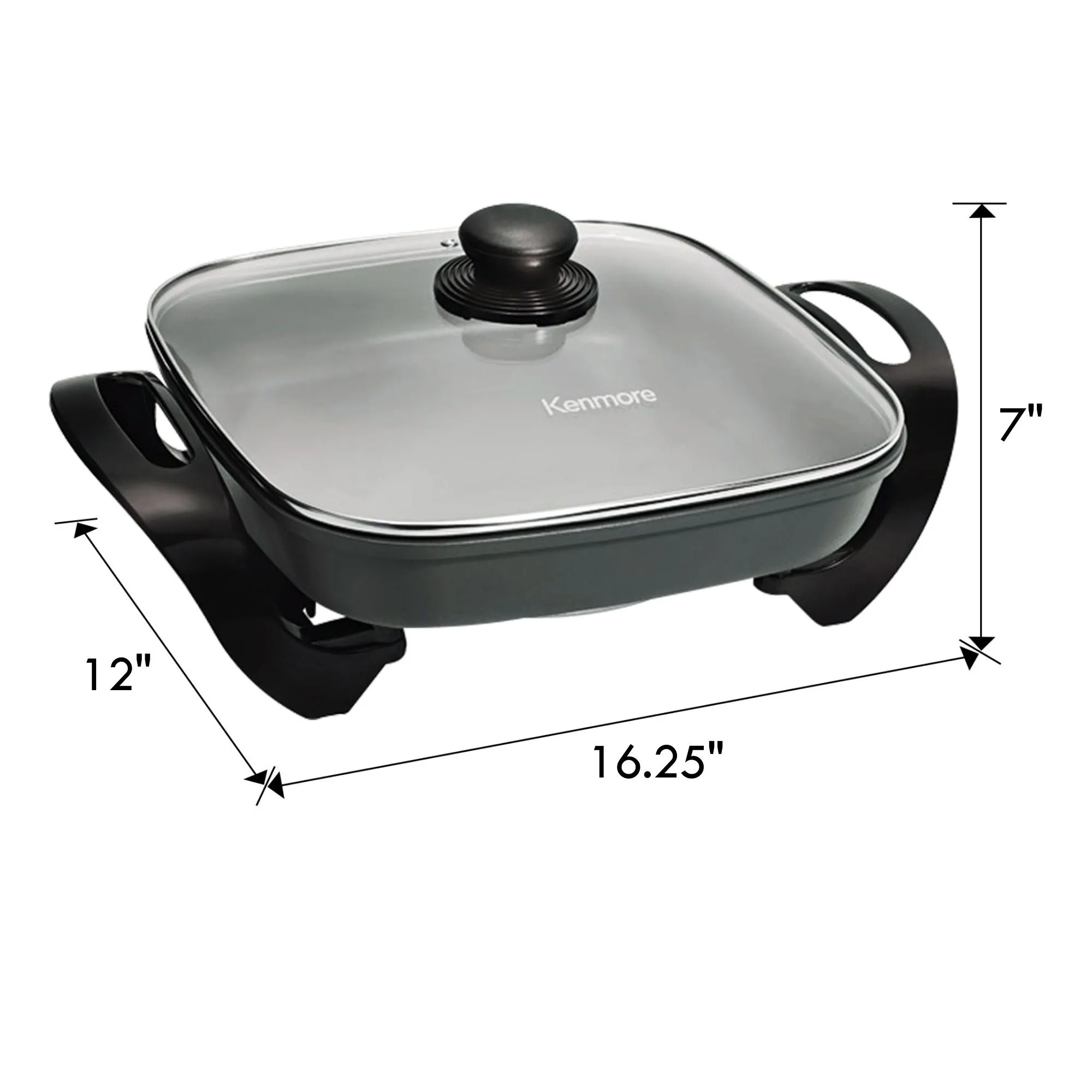 Kenmore Non-Stick Electric Skillet with Tempered Glass Lid, Black and Grey, Deep-Dish Frying Pan, 12" x 12" Cooking Surface, Vented Lid, One-Pot Cooking, Grill, Saute, Stir-Fry, Stew