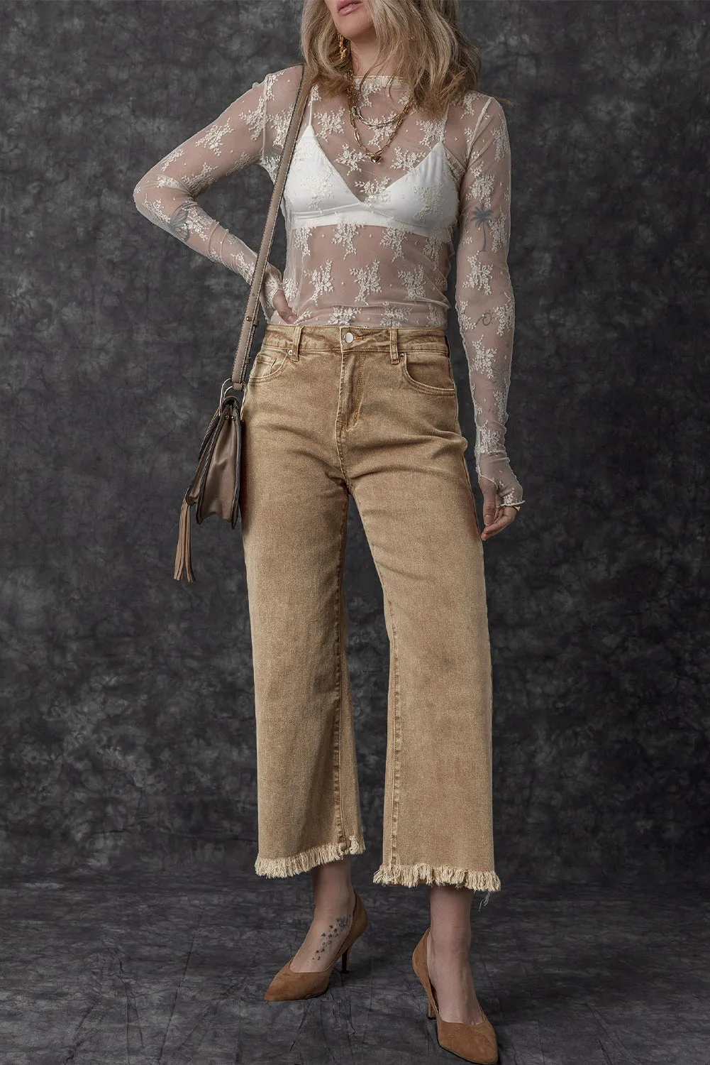 Light French Beige Acid Washed High Rise Cropped Wide Leg Jeans