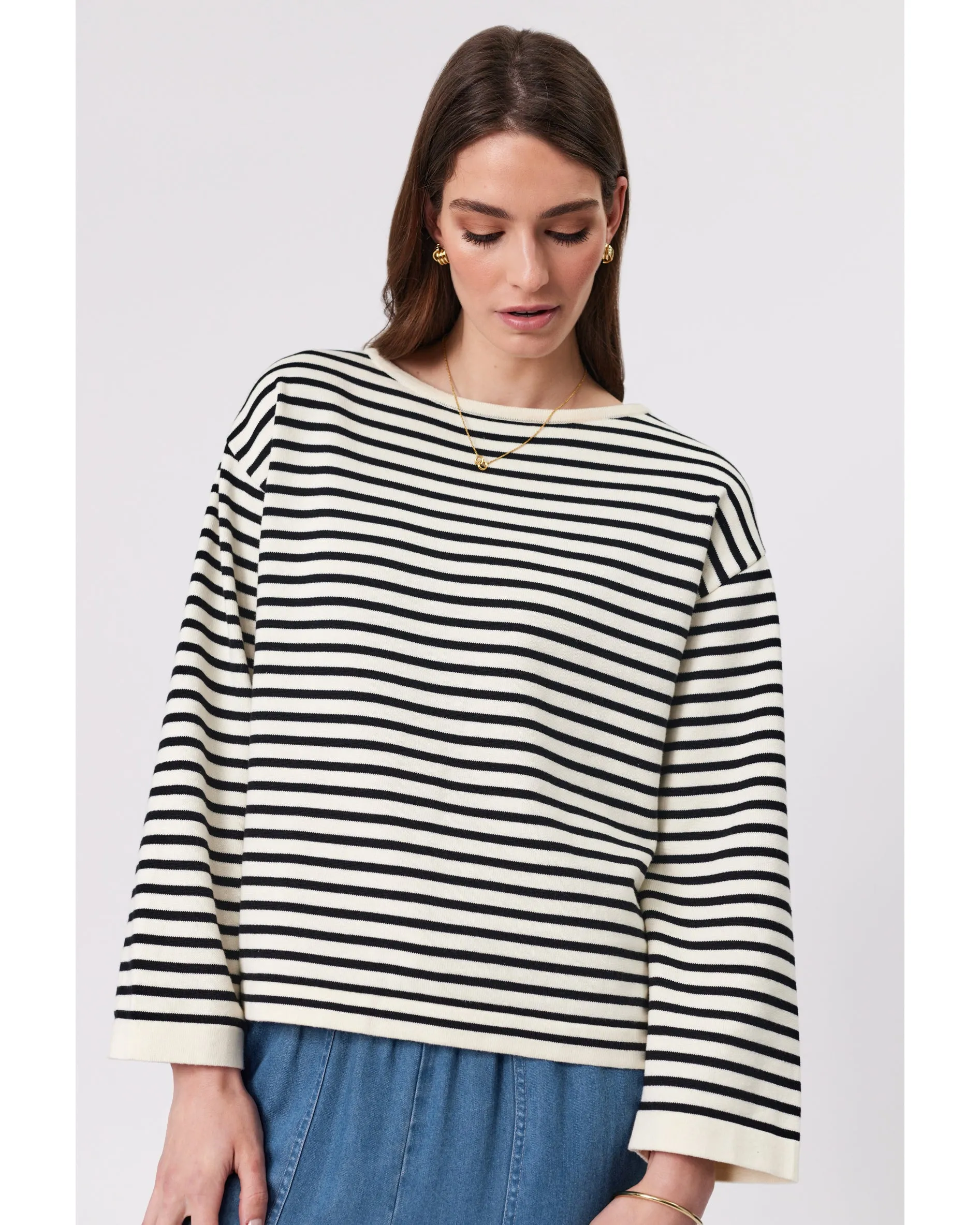 Marlow Tides Boat Neck Knit - Ivory/Black Stripe