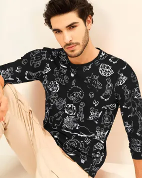 Men Full Sleeve Comic Strip Black Round Neck T-shirt