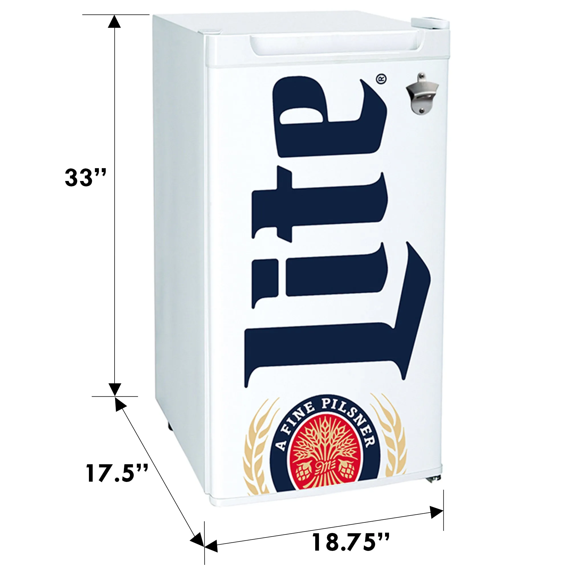 Miller Lite Compact Fridge w/ Bottle Opener, 3.2 cu ft (90L), White, Space-Saving Flat Back Design, Reversible Door, Tempered Glass Shelves, Licensed Miller Lite Artwork, Perfect for Beer-Lovers