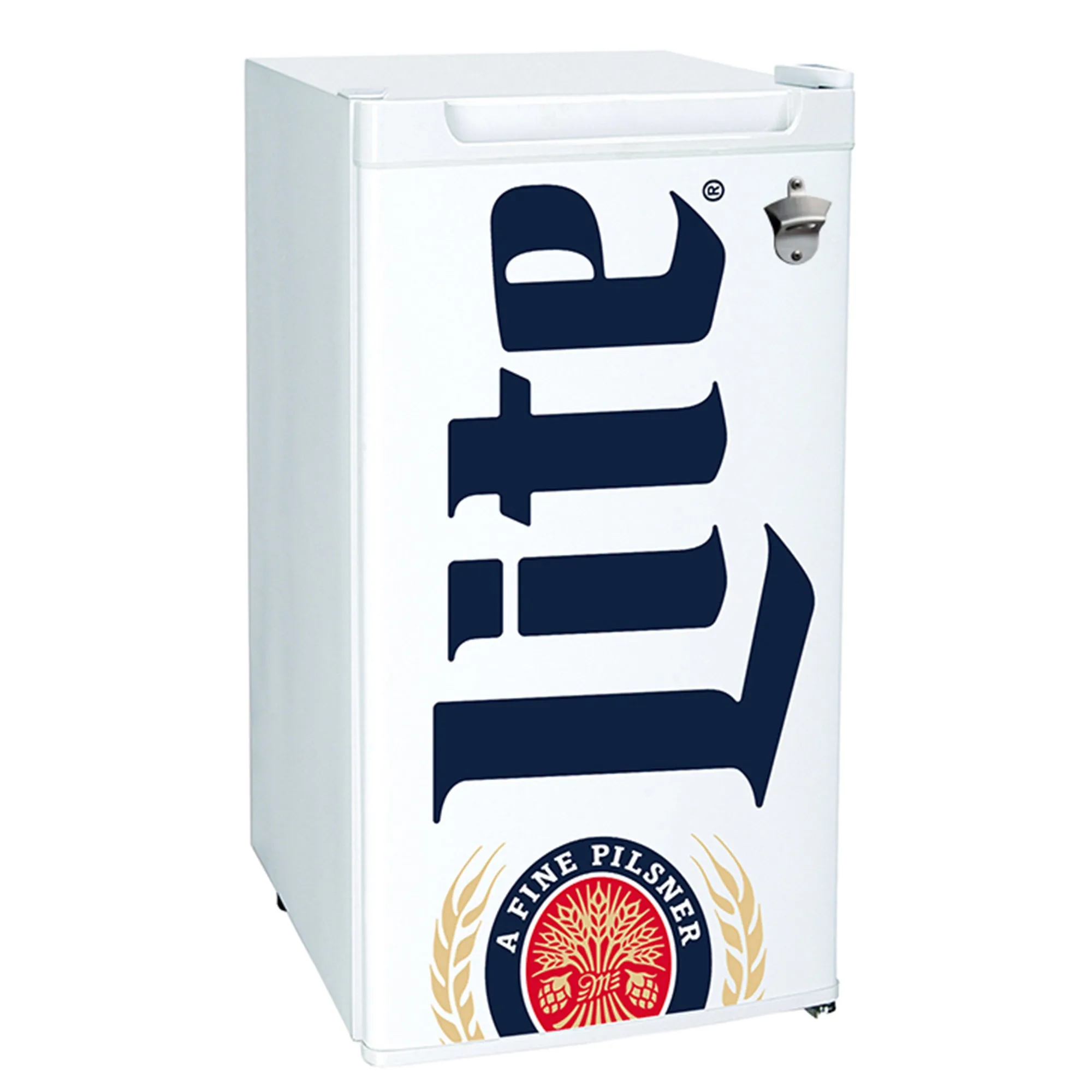 Miller Lite Compact Fridge w/ Bottle Opener, 3.2 cu ft (90L), White, Space-Saving Flat Back Design, Reversible Door, Tempered Glass Shelves, Licensed Miller Lite Artwork, Perfect for Beer-Lovers