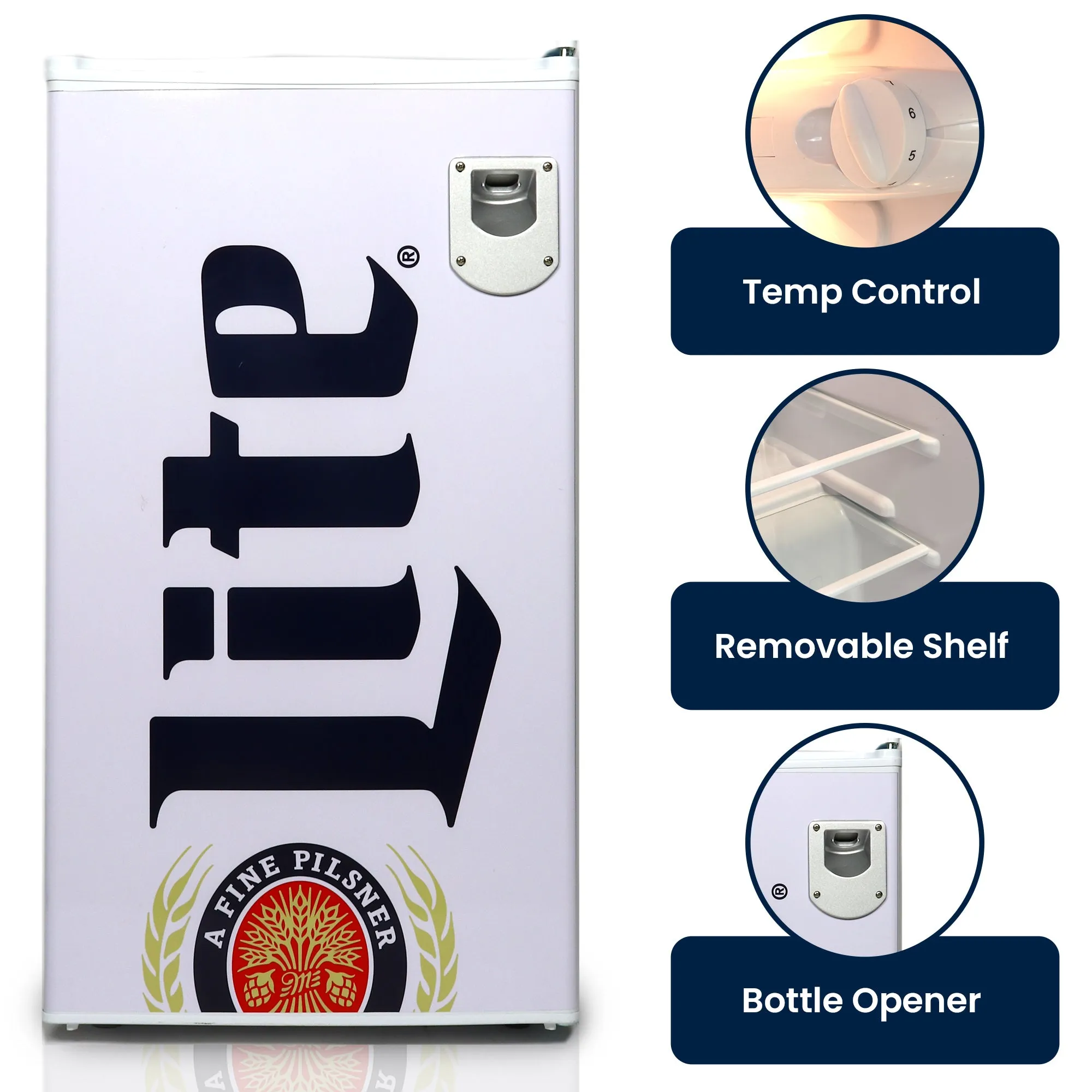 Miller Lite Compact Fridge w/ Bottle Opener, 3.2 cu ft (90L), White, Space-Saving Flat Back Design, Reversible Door, Tempered Glass Shelves, Licensed Miller Lite Artwork, Perfect for Beer-Lovers