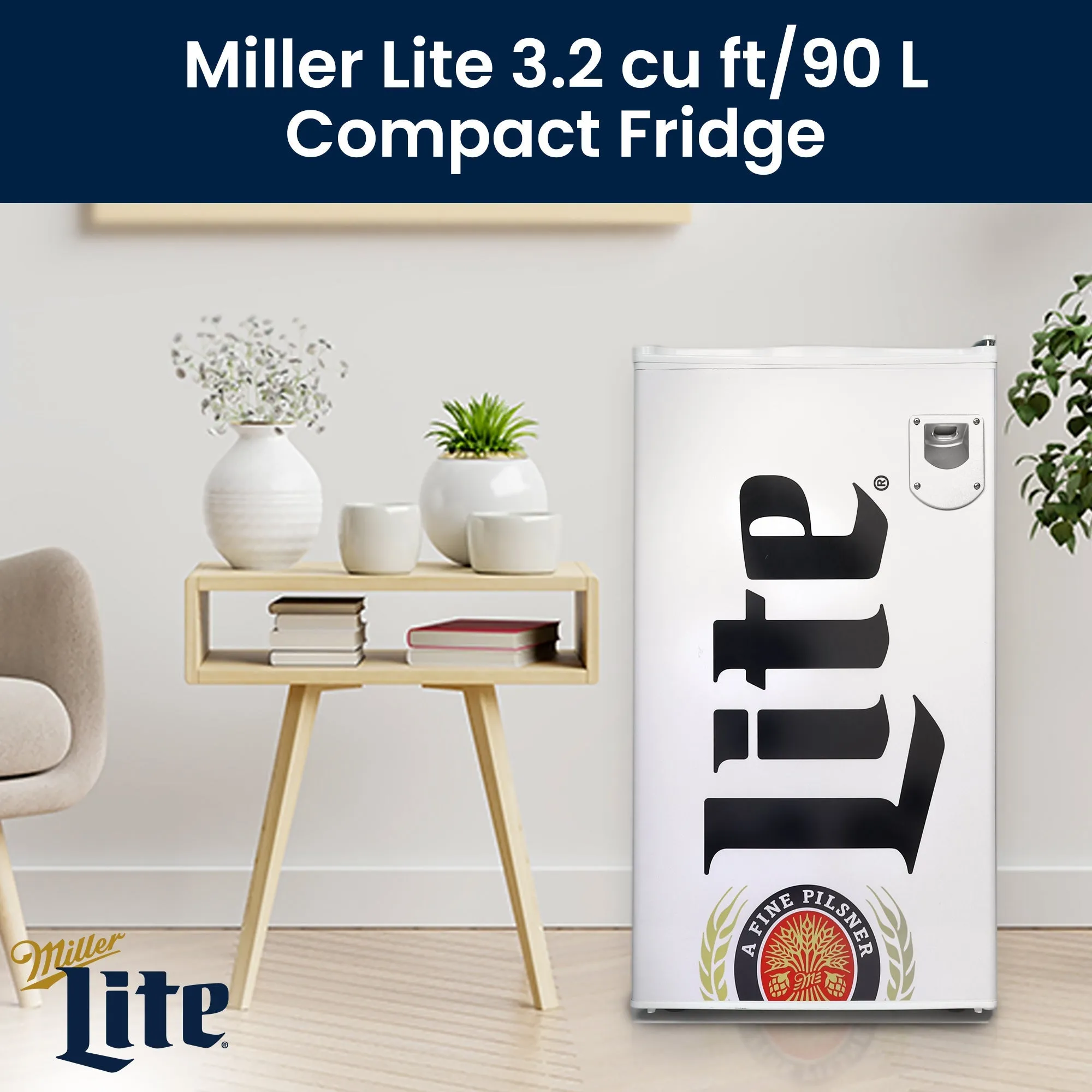 Miller Lite Compact Fridge w/ Bottle Opener, 3.2 cu ft (90L), White, Space-Saving Flat Back Design, Reversible Door, Tempered Glass Shelves, Licensed Miller Lite Artwork, Perfect for Beer-Lovers