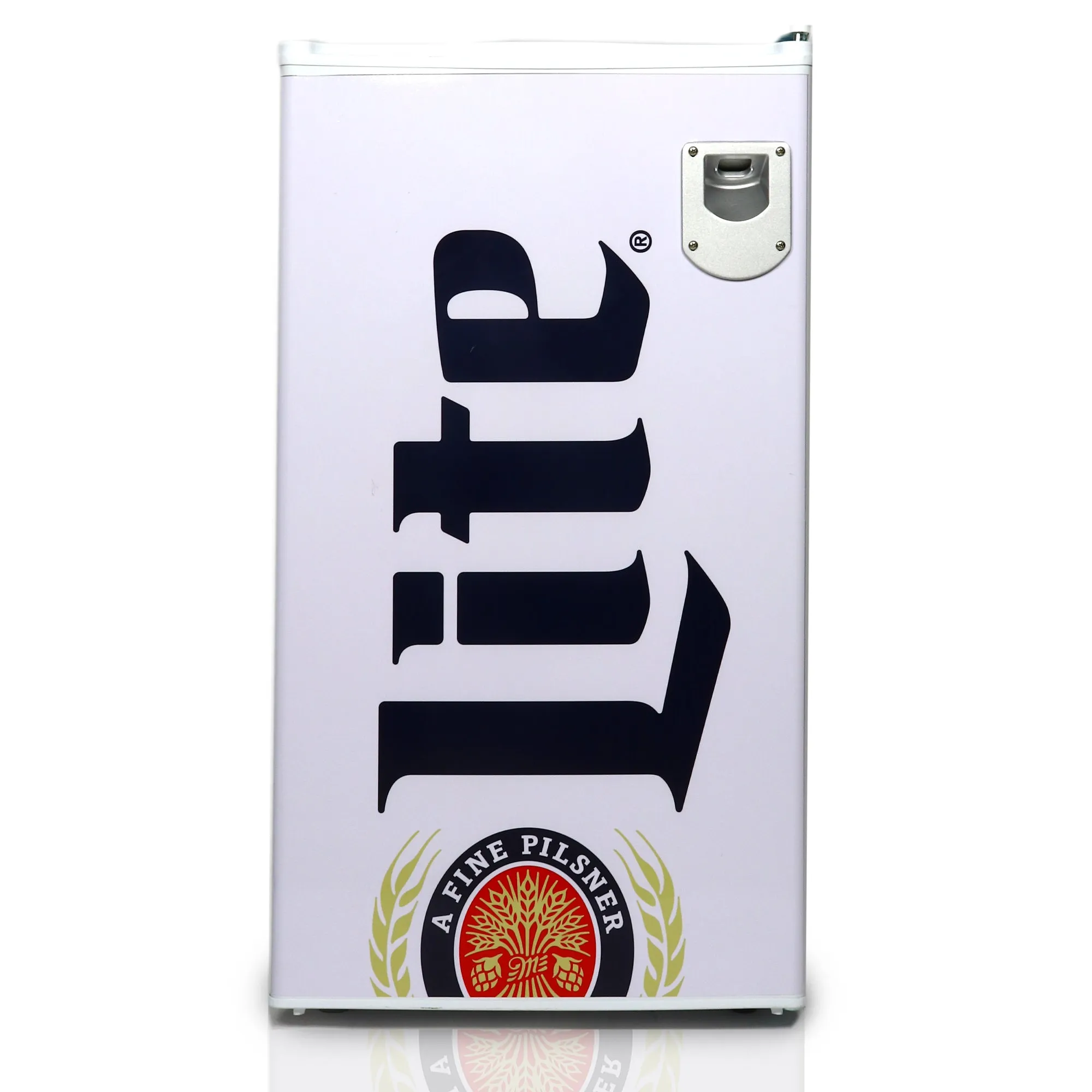 Miller Lite Compact Fridge w/ Bottle Opener, 3.2 cu ft (90L), White, Space-Saving Flat Back Design, Reversible Door, Tempered Glass Shelves, Licensed Miller Lite Artwork, Perfect for Beer-Lovers