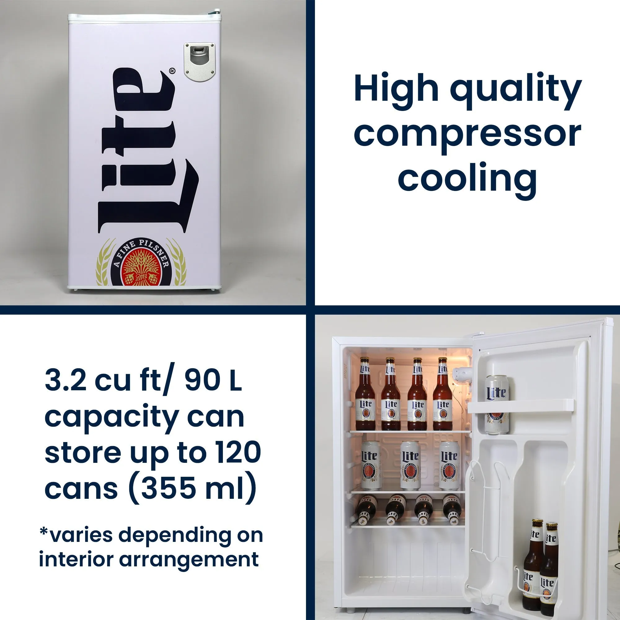 Miller Lite Compact Fridge w/ Bottle Opener, 3.2 cu ft (90L), White, Space-Saving Flat Back Design, Reversible Door, Tempered Glass Shelves, Licensed Miller Lite Artwork, Perfect for Beer-Lovers