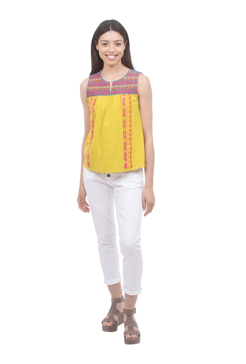 Mixed Media Embroidered Tank, Yellow