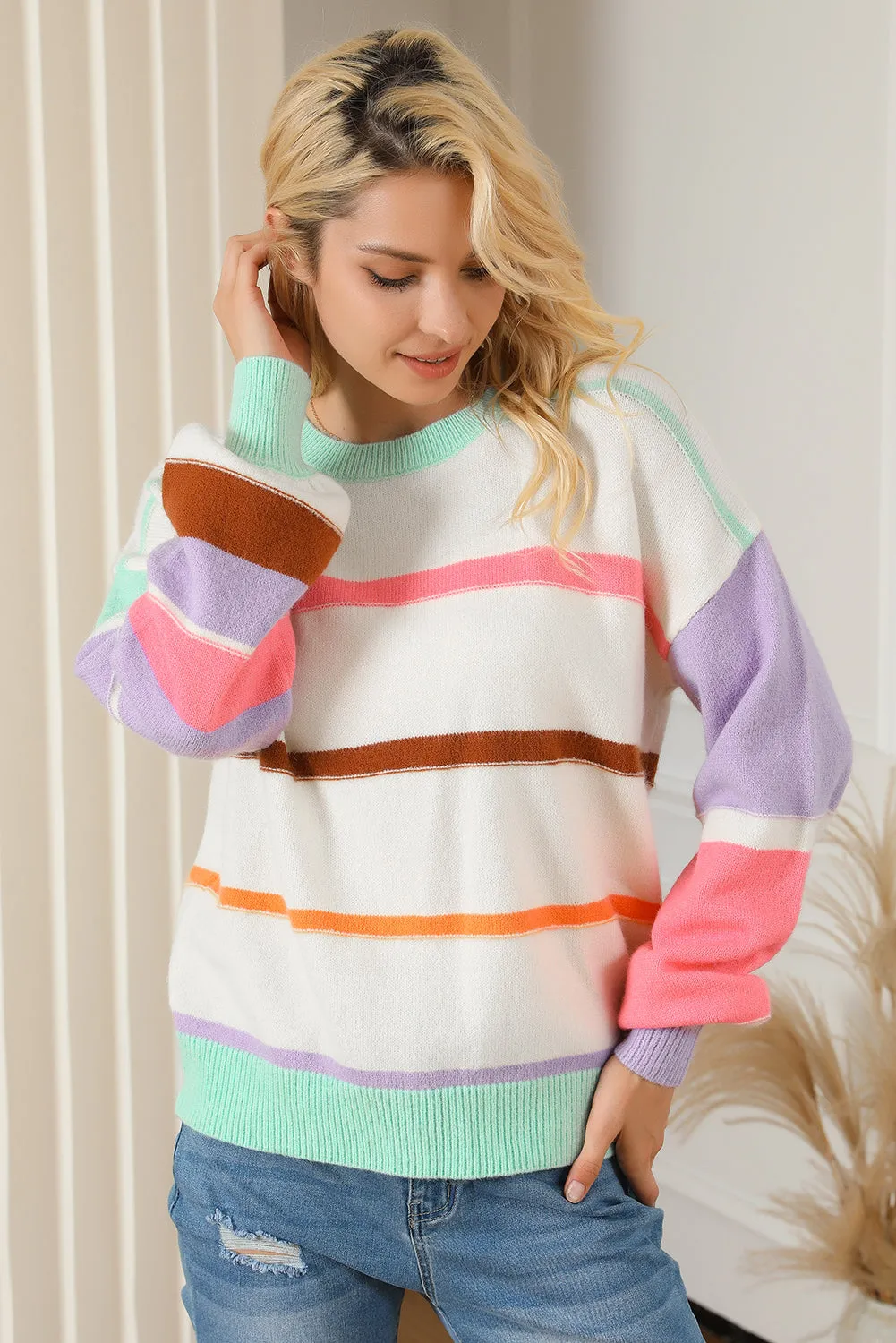 Multicolor Striped Colorblock Drop Shoulder Sweater