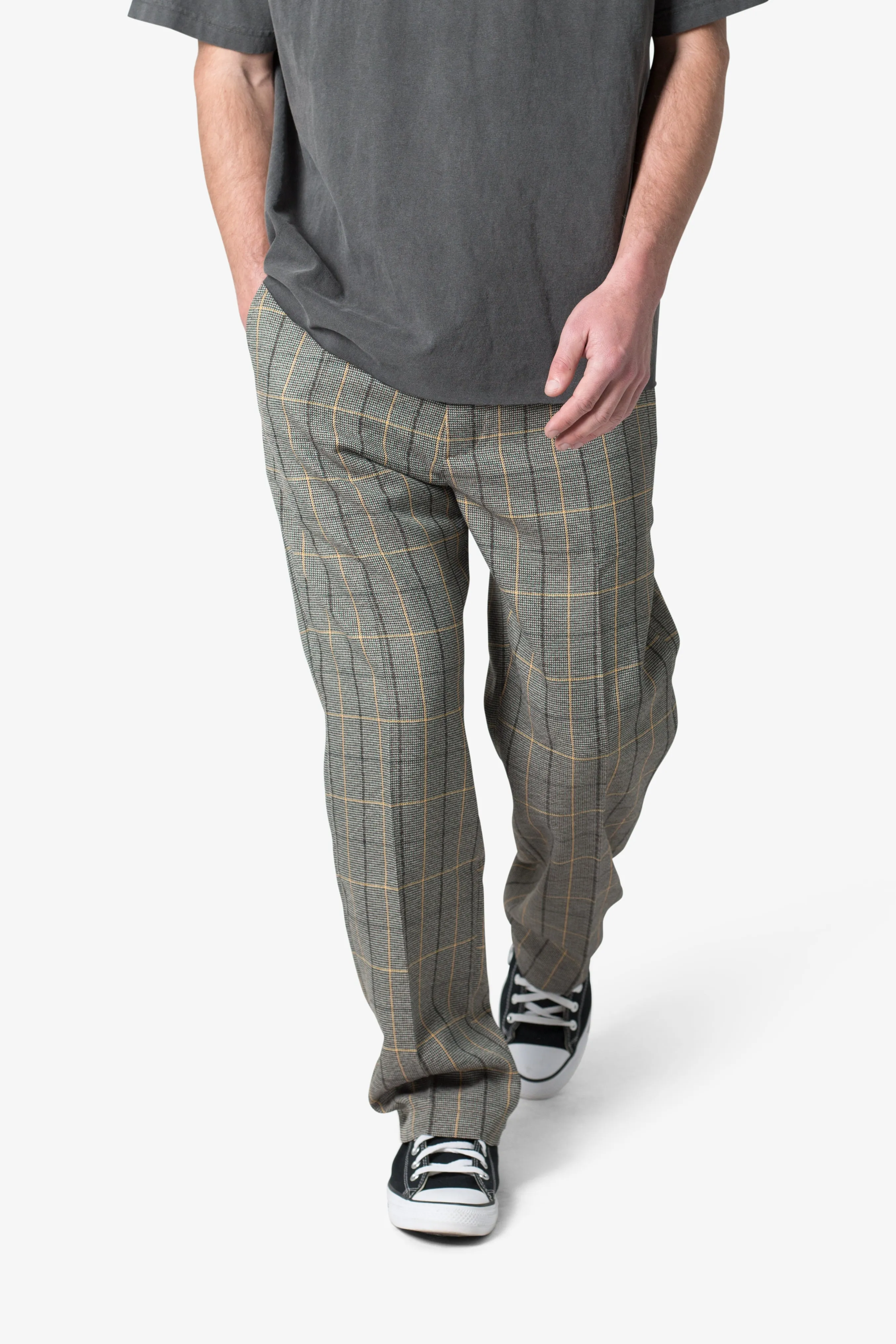 Pleated Plaid Trousers - Light Brown/Cream