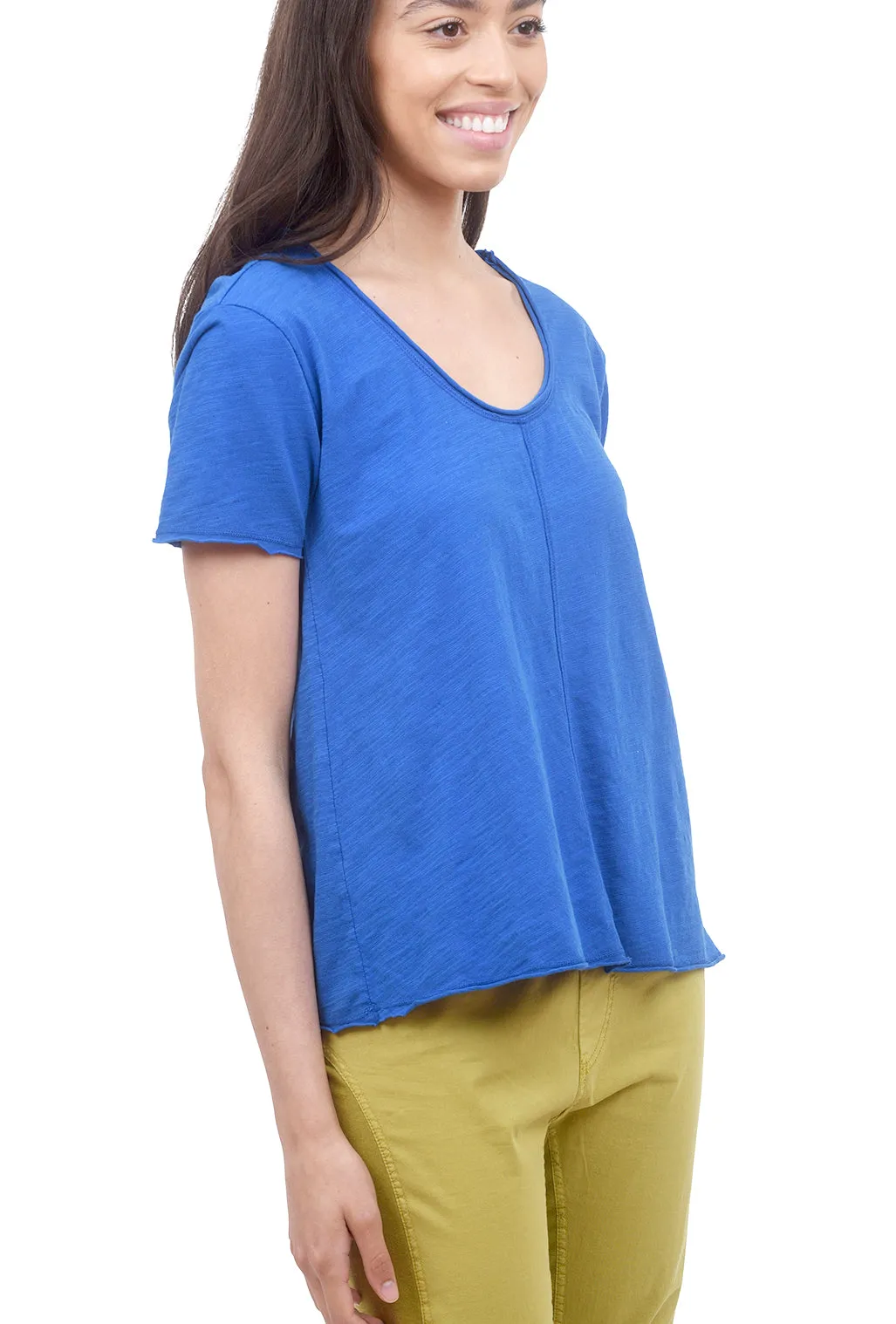 Raw Edge Scoop Neck Tee, Cobalt Blue