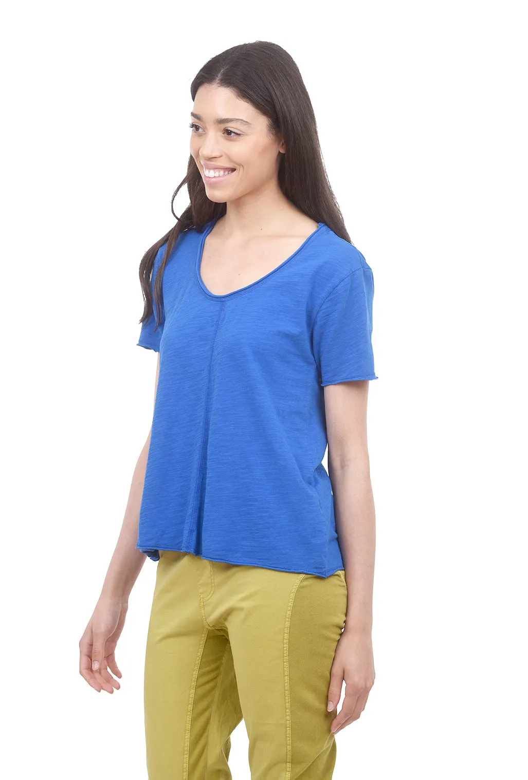 Raw Edge Scoop Neck Tee, Cobalt Blue