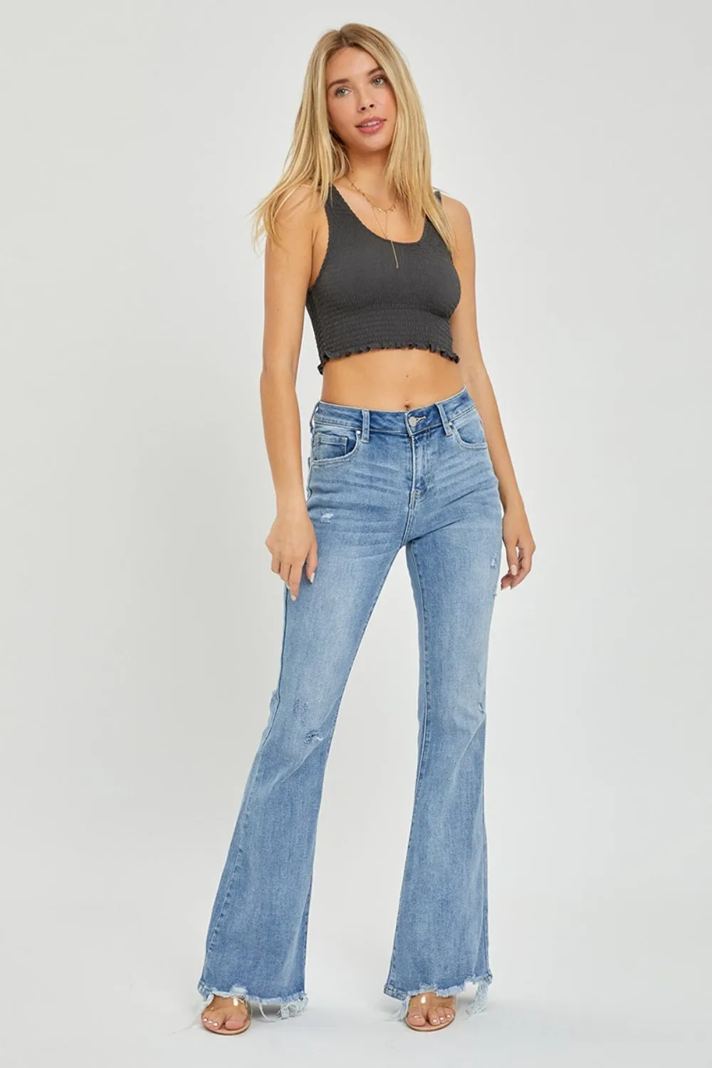 Risen Full Size High Rise Frayed Hem Flare Jeans