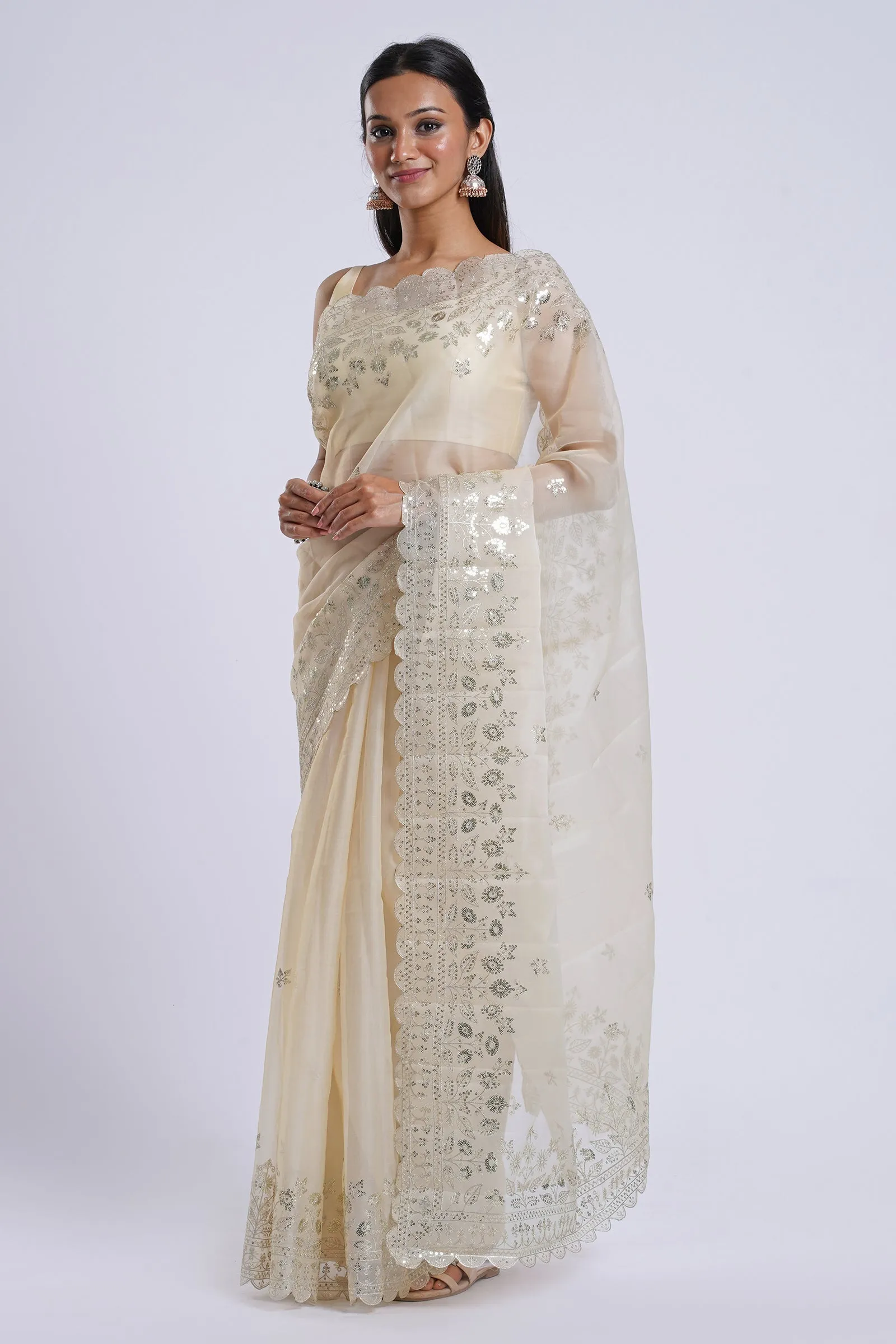 Teejh Aakruti Cream Sequin Embroidery Organza Saree