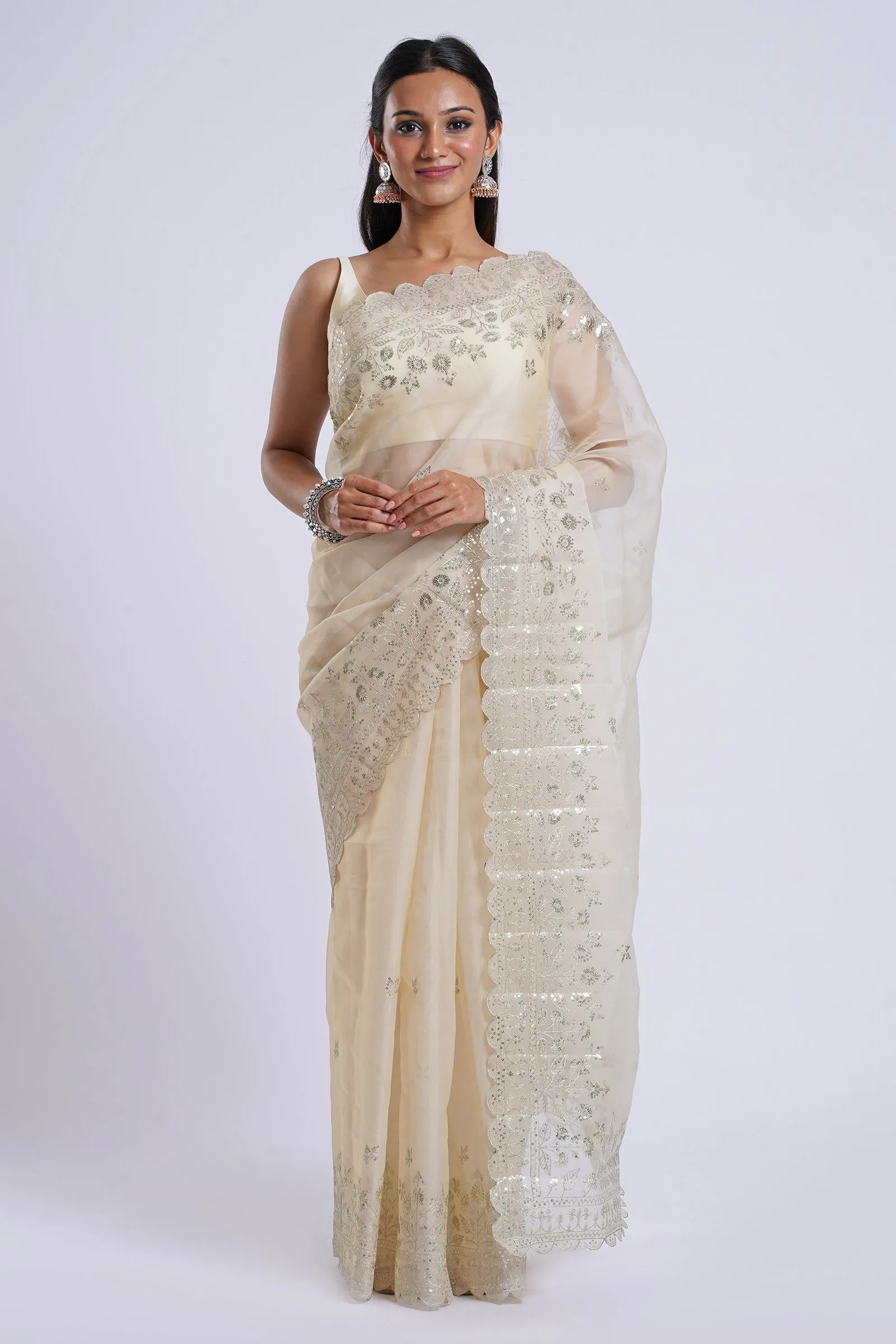 Teejh Aakruti Cream Sequin Embroidery Organza Saree