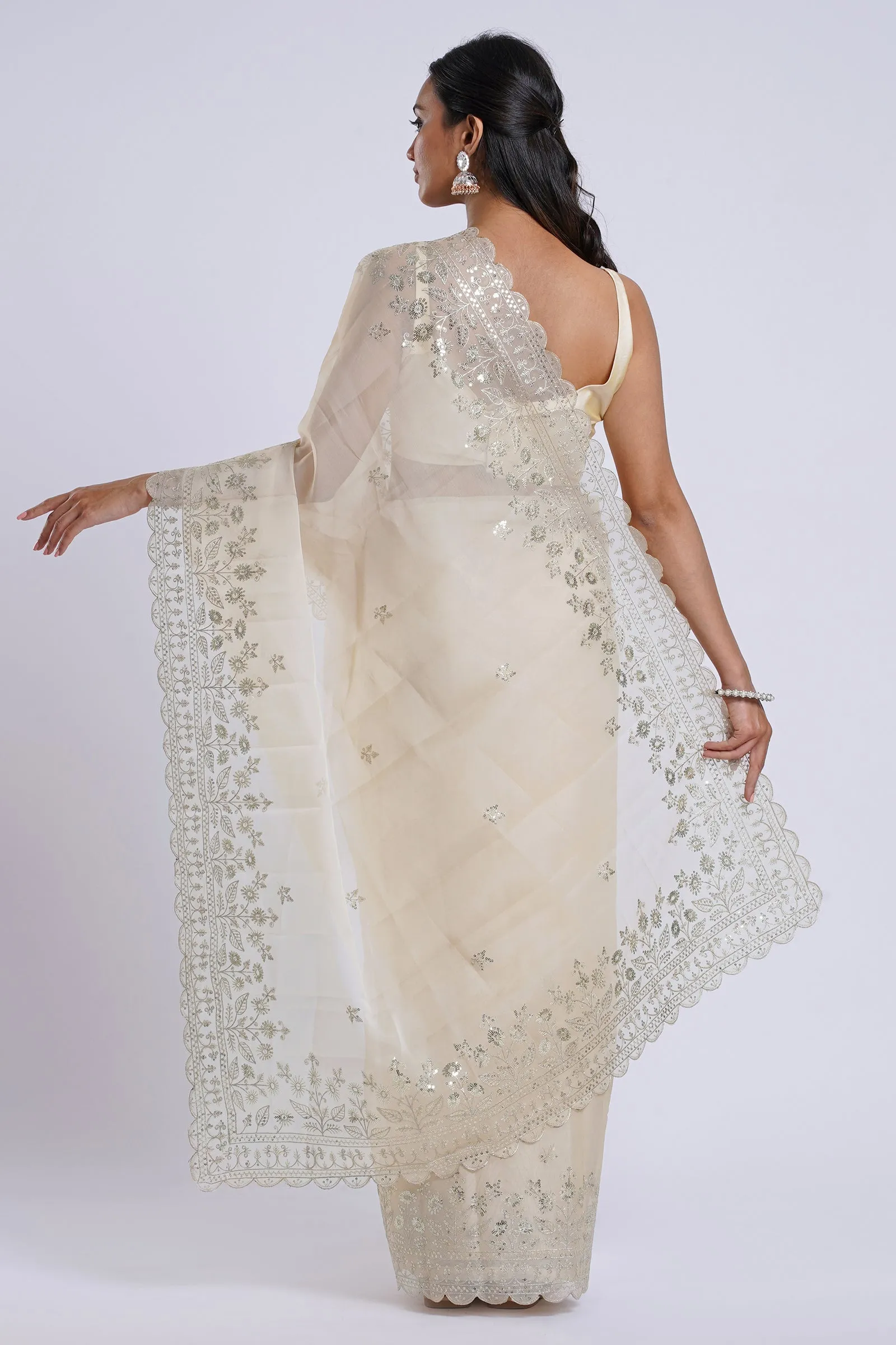 Teejh Aakruti Cream Sequin Embroidery Organza Saree