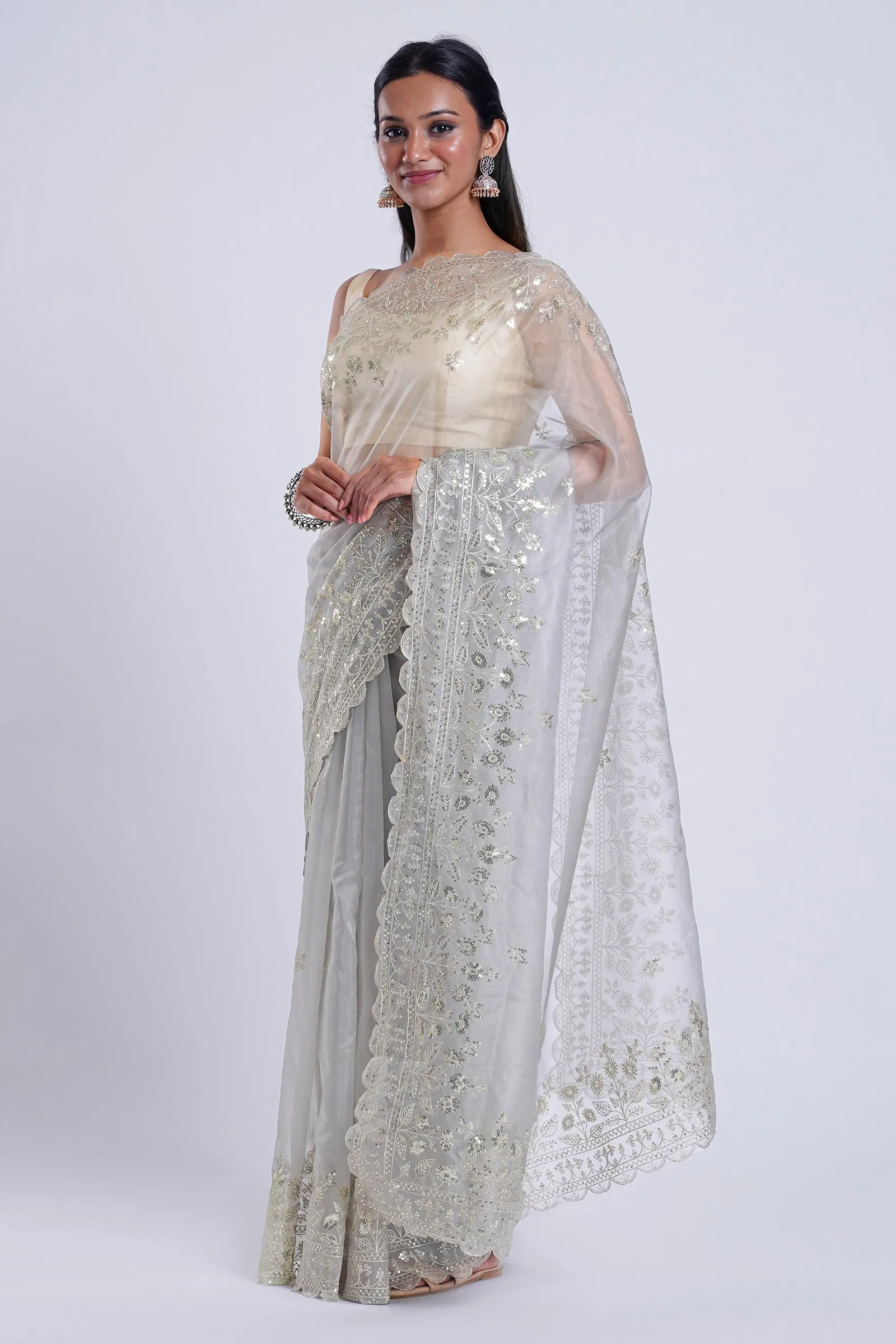 Teejh Adwetta Grey Sequin Embroidery Organza Saree