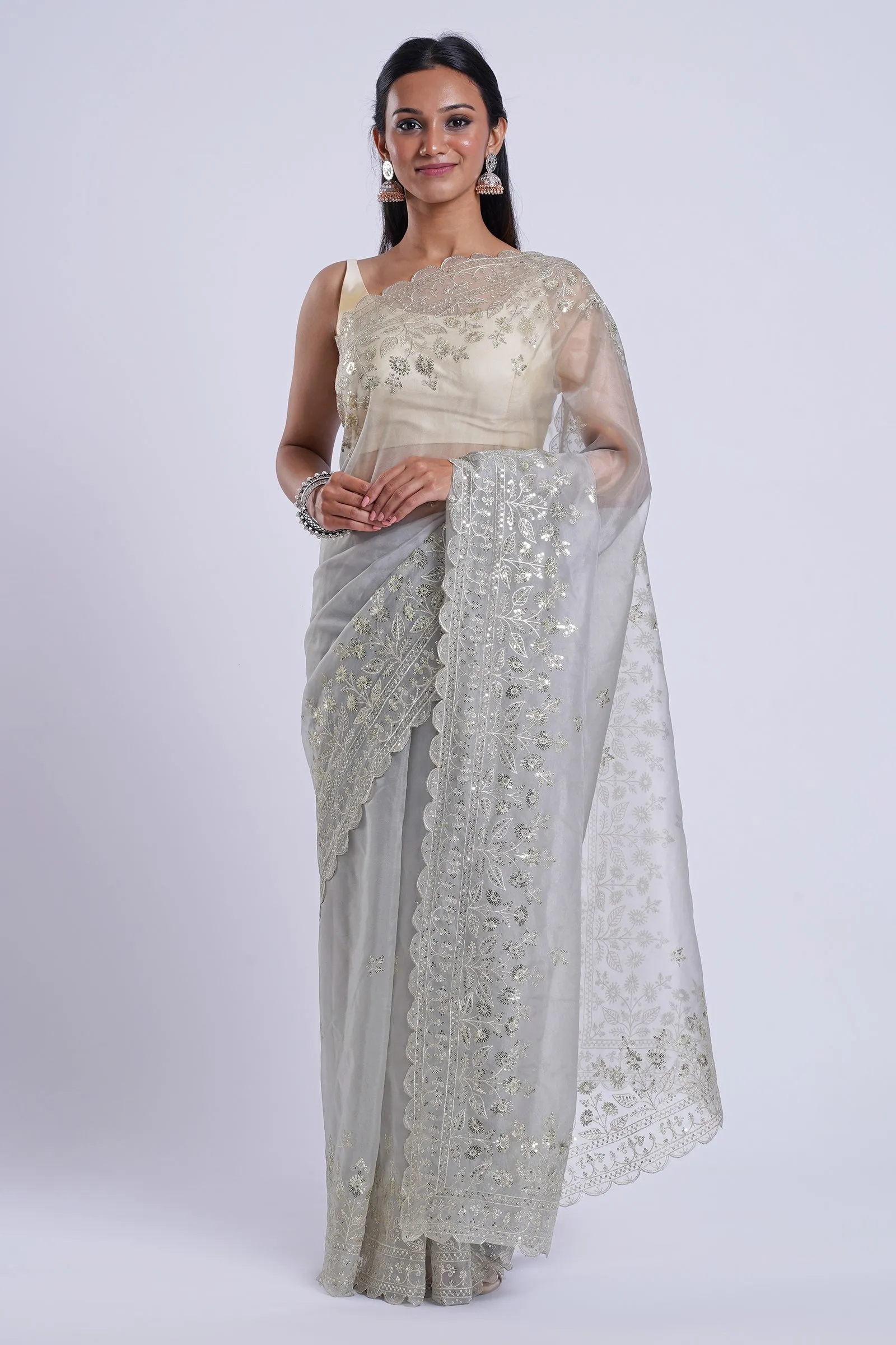 Teejh Adwetta Grey Sequin Embroidery Organza Saree