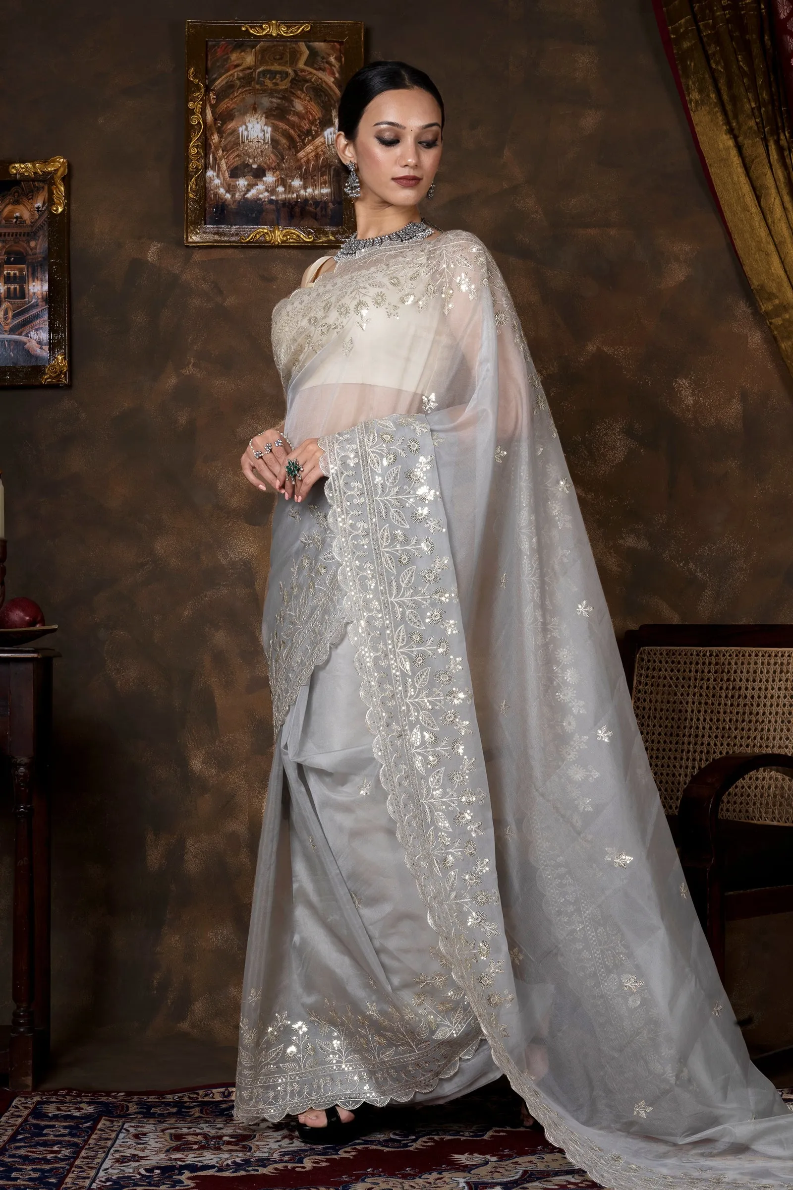 Teejh Adwetta Grey Sequin Embroidery Organza Saree